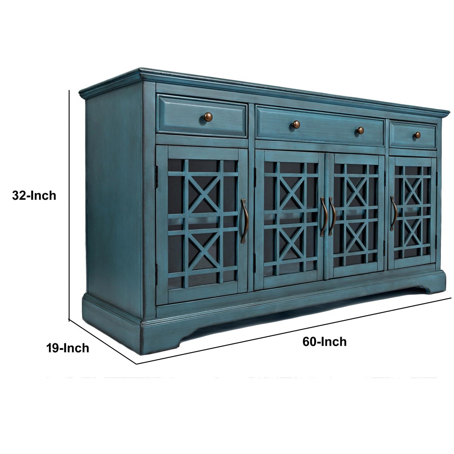 Benzara Koi 60 Inch Acacia Wood TV Media Entertainment Center Console, 4 Glass Doors, Crossed Wood Design, Antique Blue-Finish:Antique Turquoise