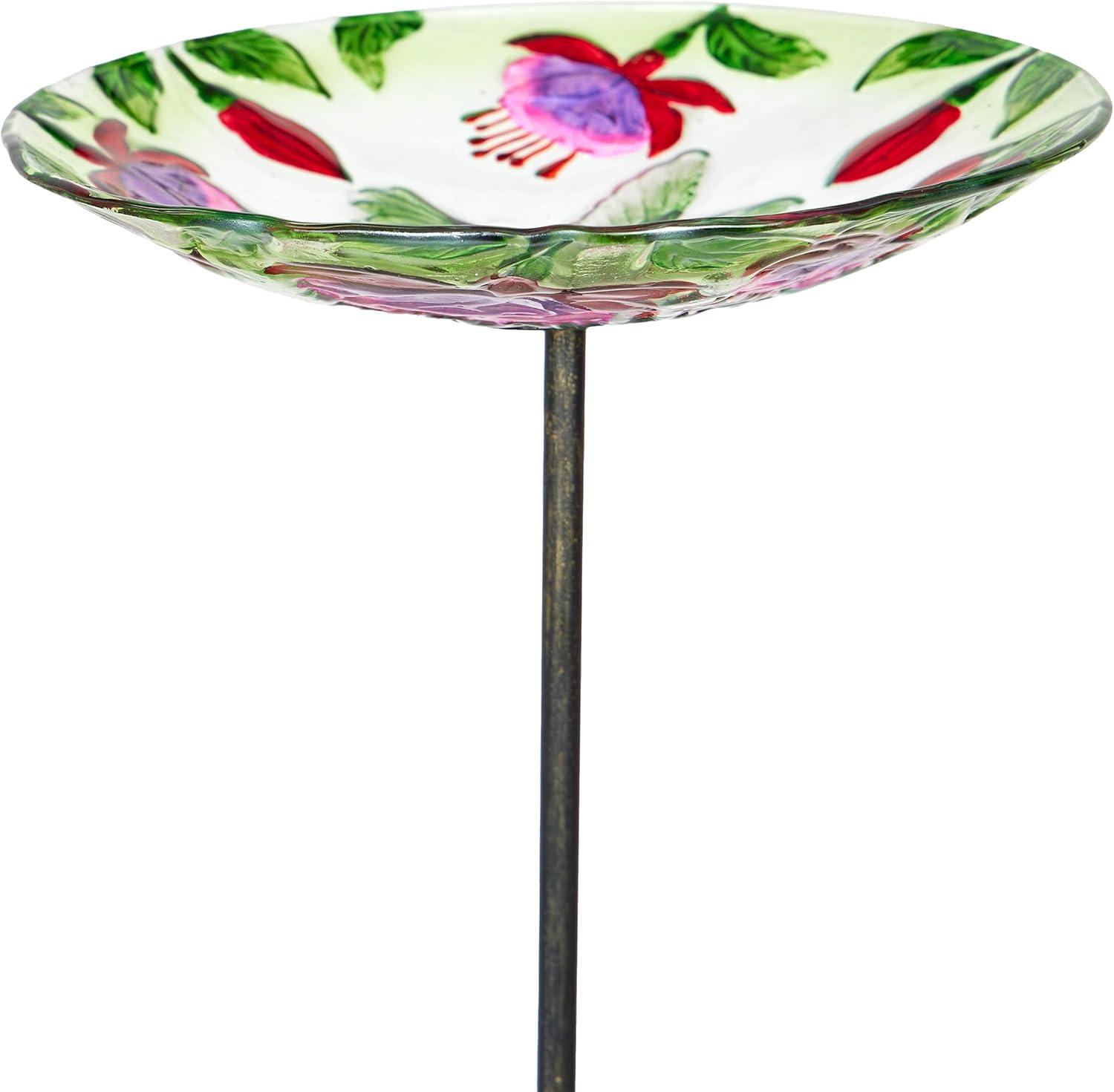 10" Glass Stake Birdbath DHF10 w/Flowers and Hummingbird