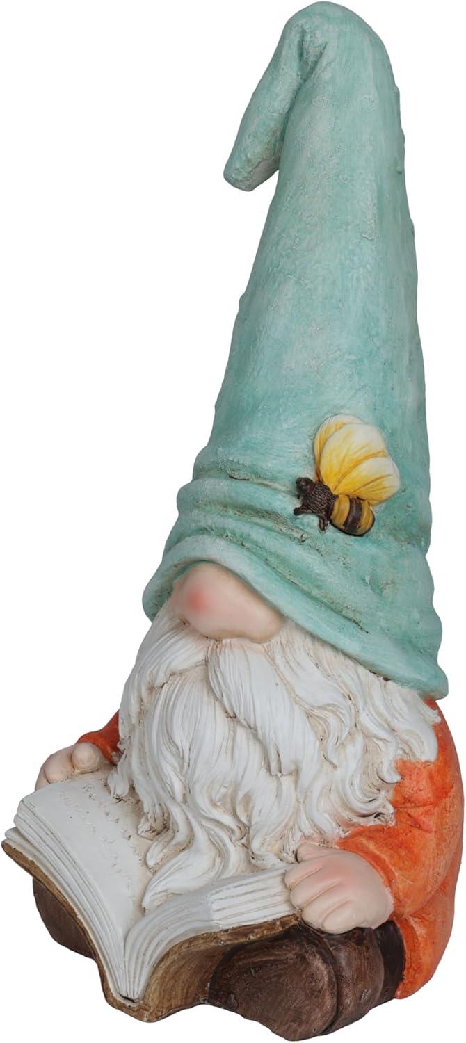 Alpine Corporation Gnome With Turquoise Hat Reading Book Décor: Ceramic Statue, Mythical Charm, Indoor/Outdoor Use