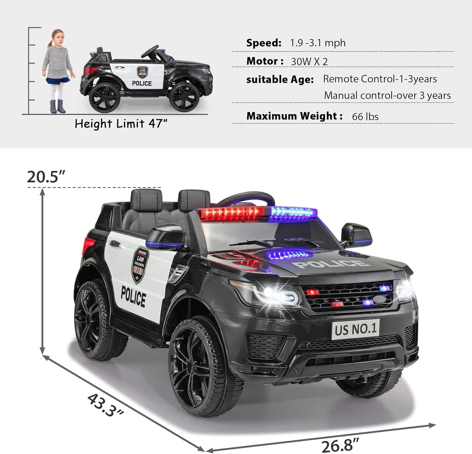 12V Black Police SUV Ride-On Car with Remote Control