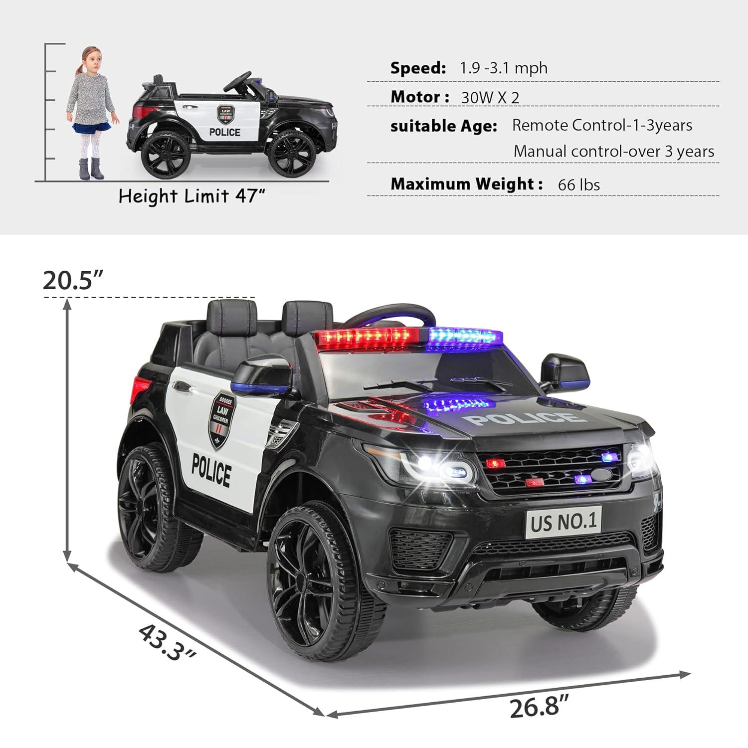 Allied Plush Inc 12V Kids Ride on Car, Electric Police Cars with Remote Control