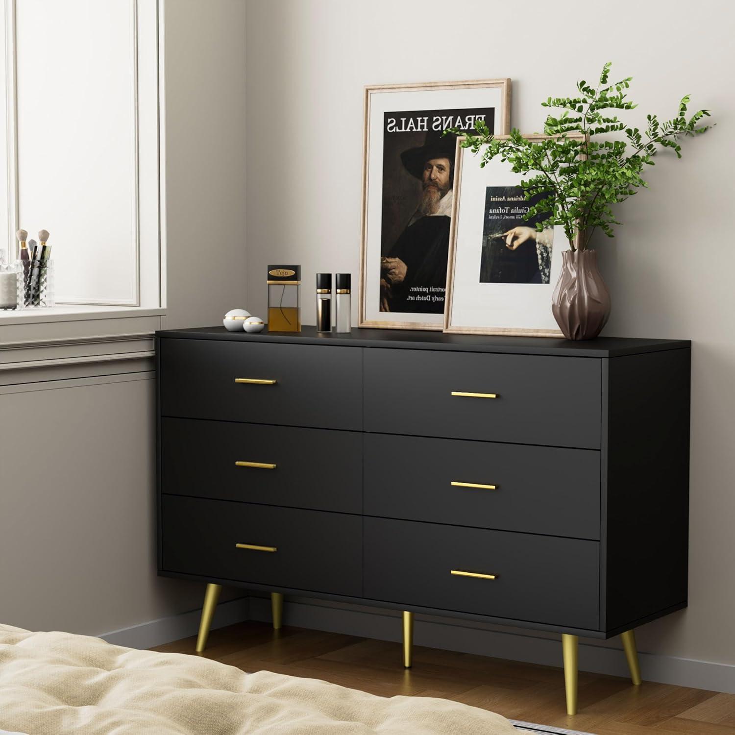 Black Modern 6-Drawer Dresser with Gold Handles