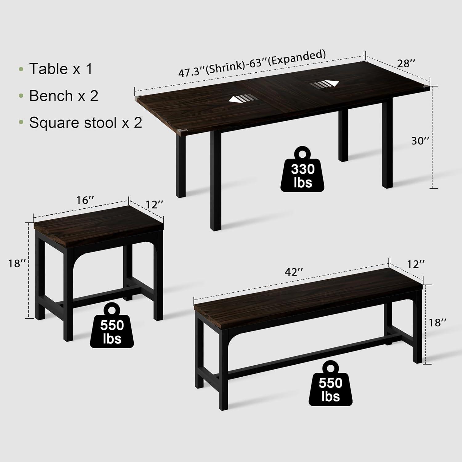 Espresso Extendable Dining Table Set with Benches and Stools