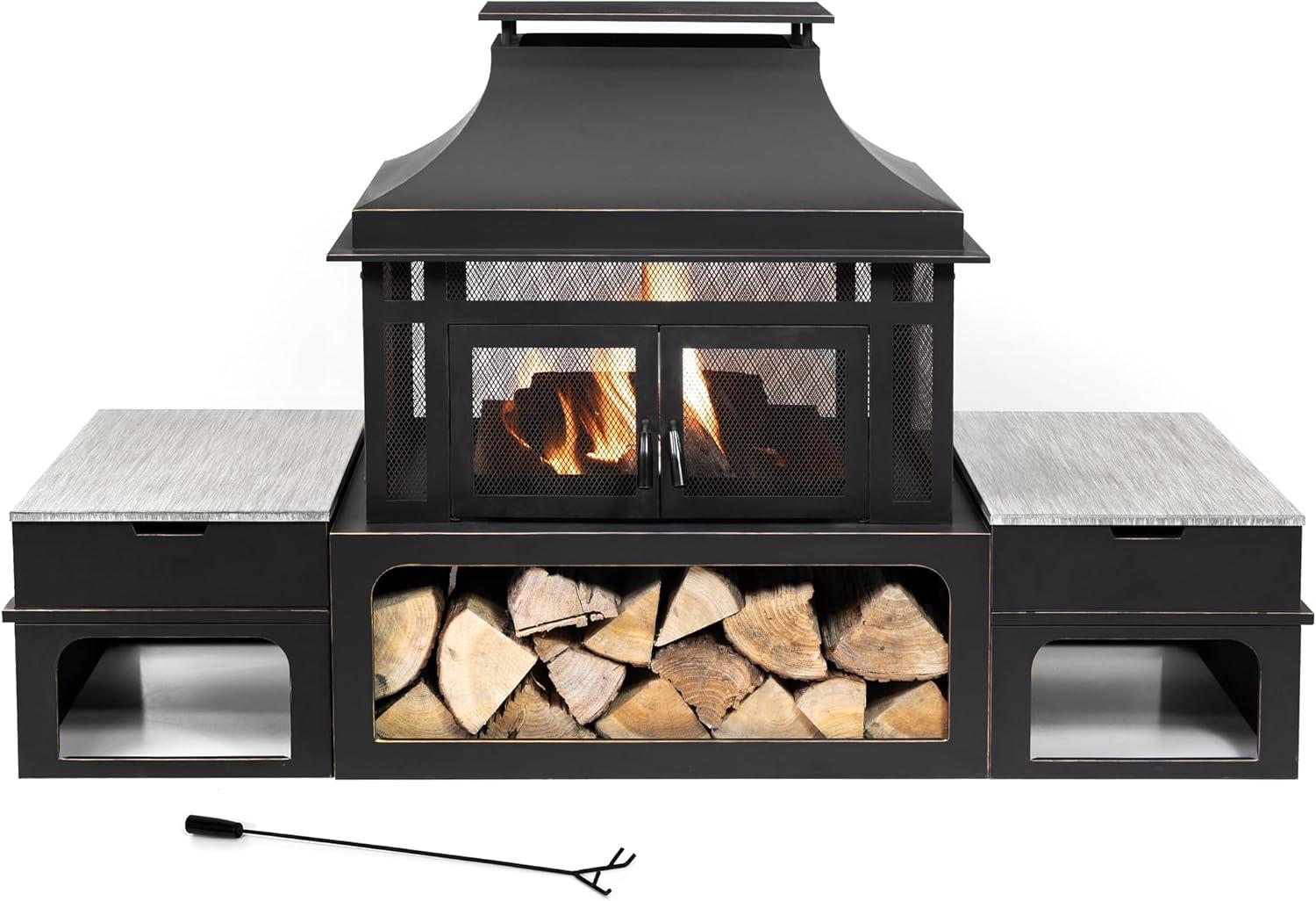 Deko Living Rimasco 80 Inch Rectangular Outdoor Steel Wood Burning Fireplace with Log Storage, Poker and Side Tables