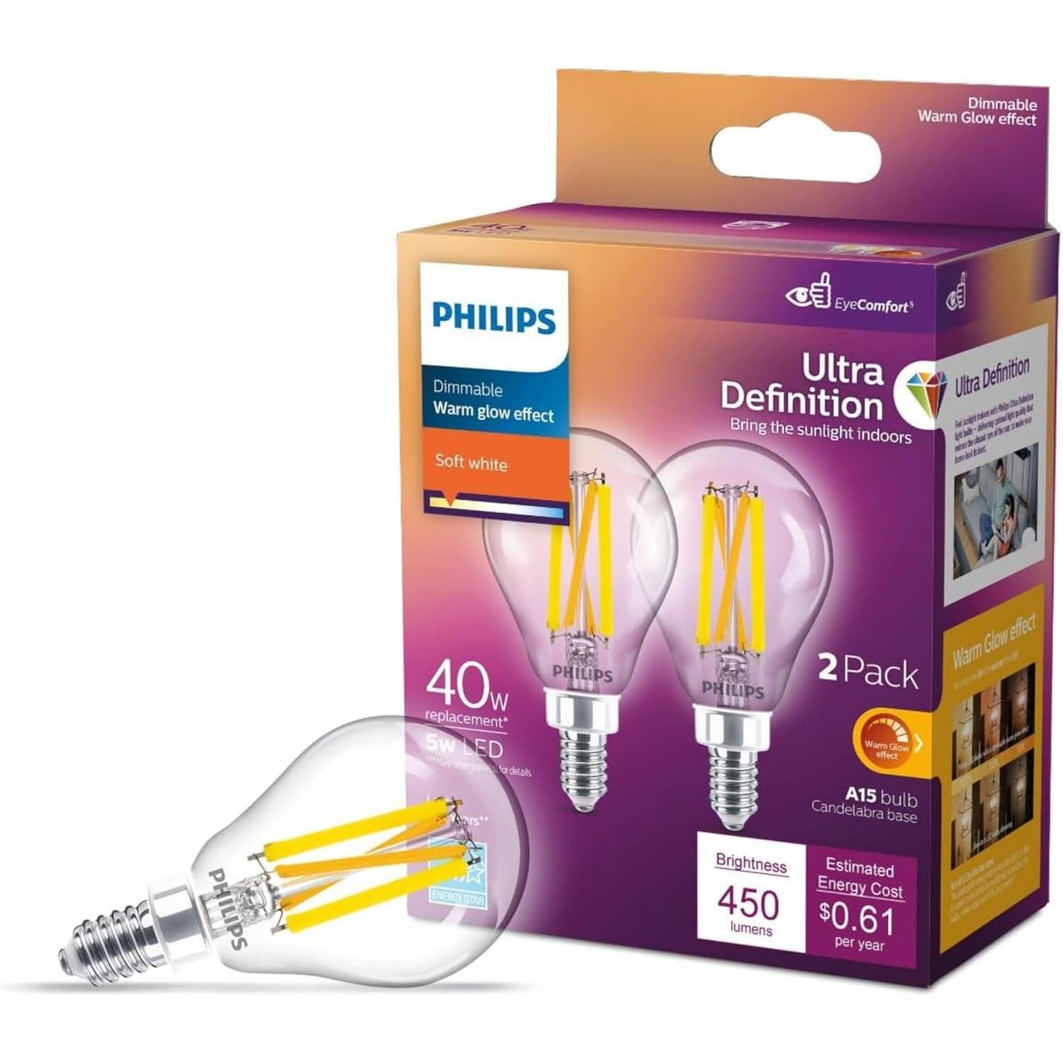 1PC Philips Ultra Definition Warm Glow A15 Candelabra Base LED Light Bulb