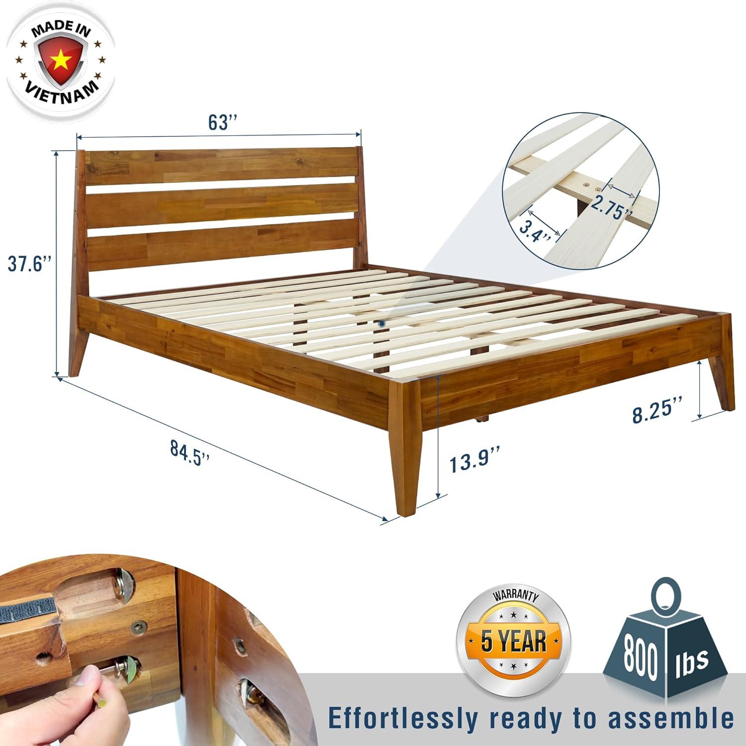 Acacia Premium Emery Solid Wood Platform Bed Frame with Headboard Included, No Box Spring Needed, Weight Capacity 800lb.