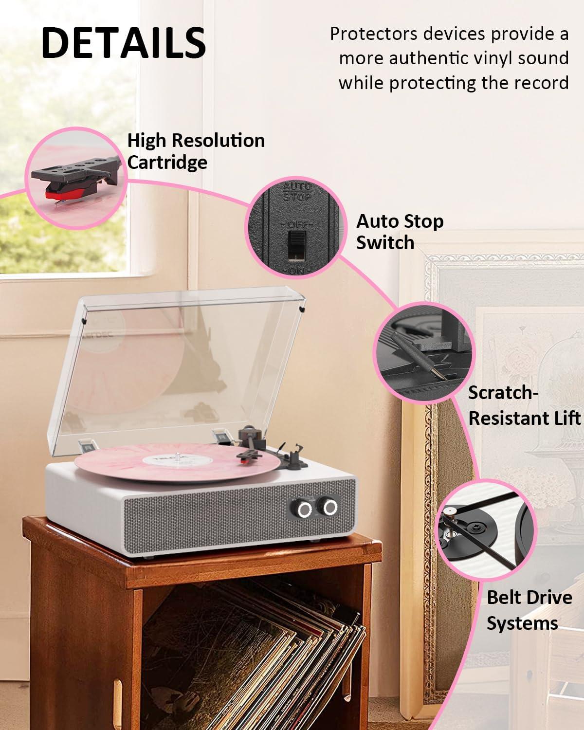 Vinyl Record Player with Upgraded Built-in Speakers, 3-Speed Belt-Driven Bluetooth Turntable for Vinyl Records, White Wood Grain Vintage Phonograph with RCA Out & AUX in, Auto Stop, MDF Cabinet