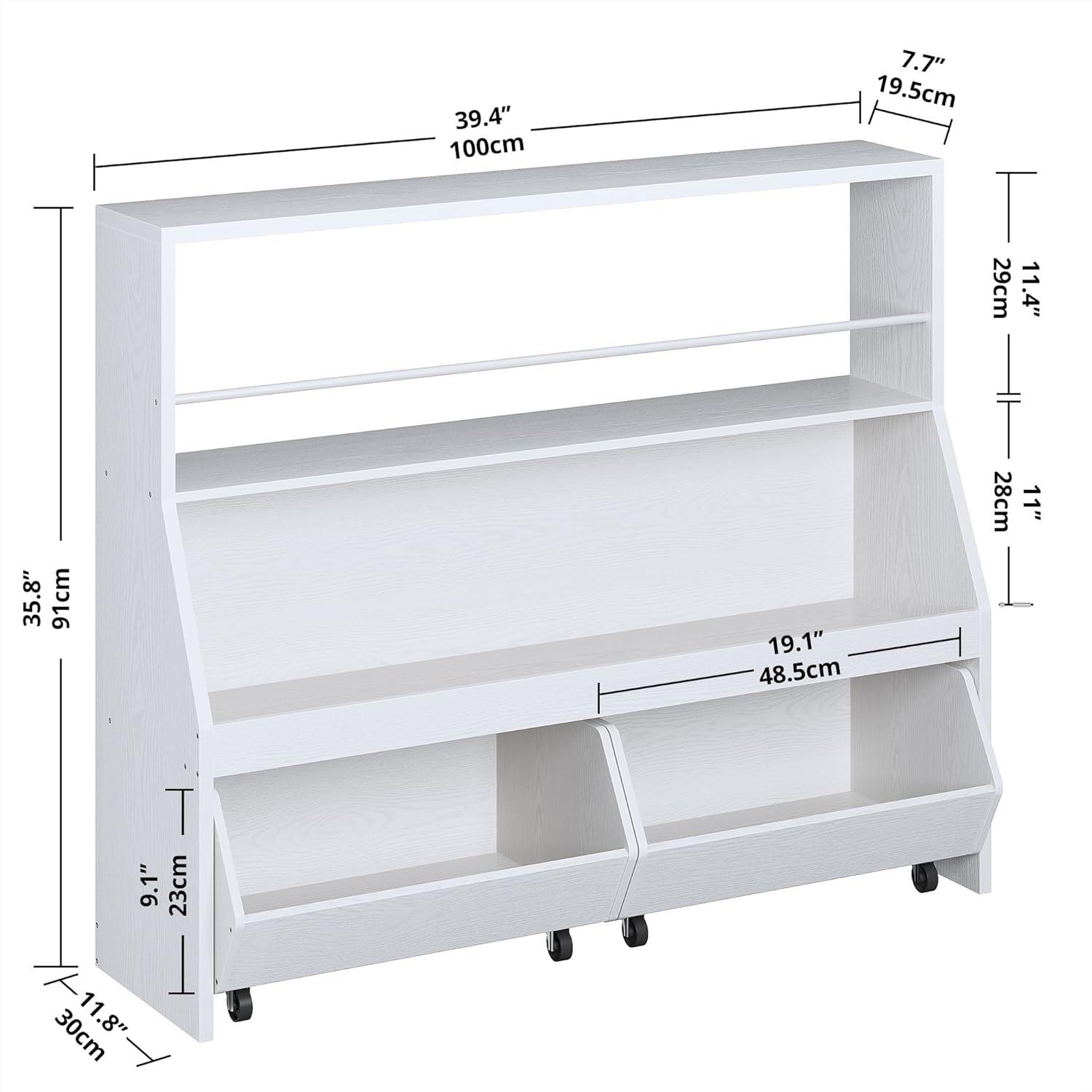 IRONCK Toy Storage Organizer, Kids Bookshelf with 2 Movable Cubby Drawers, Top Toy Storage with Crossbar, Storage Cabinet for Nursery, Playroom, White