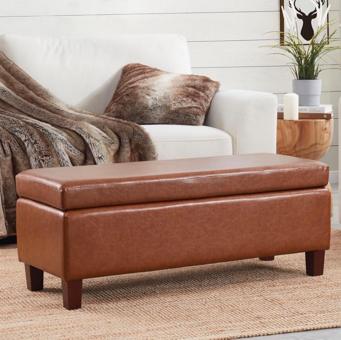 Mocha Faux Leather Storage Ottoman Bench with Hinge Lid