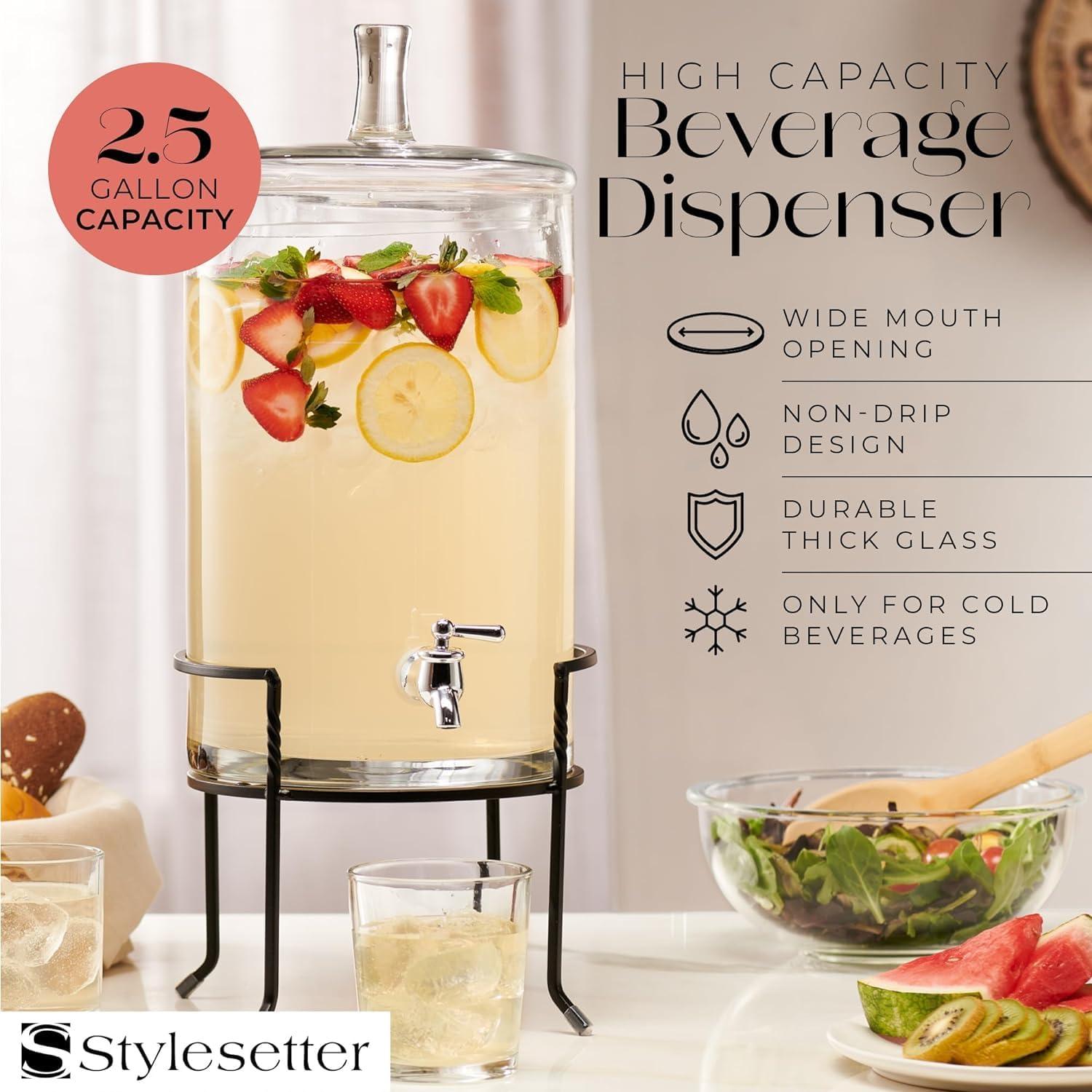Clear Glass Beverage Dispenser with Metal Stand and Lid, 2.5 Gallons
