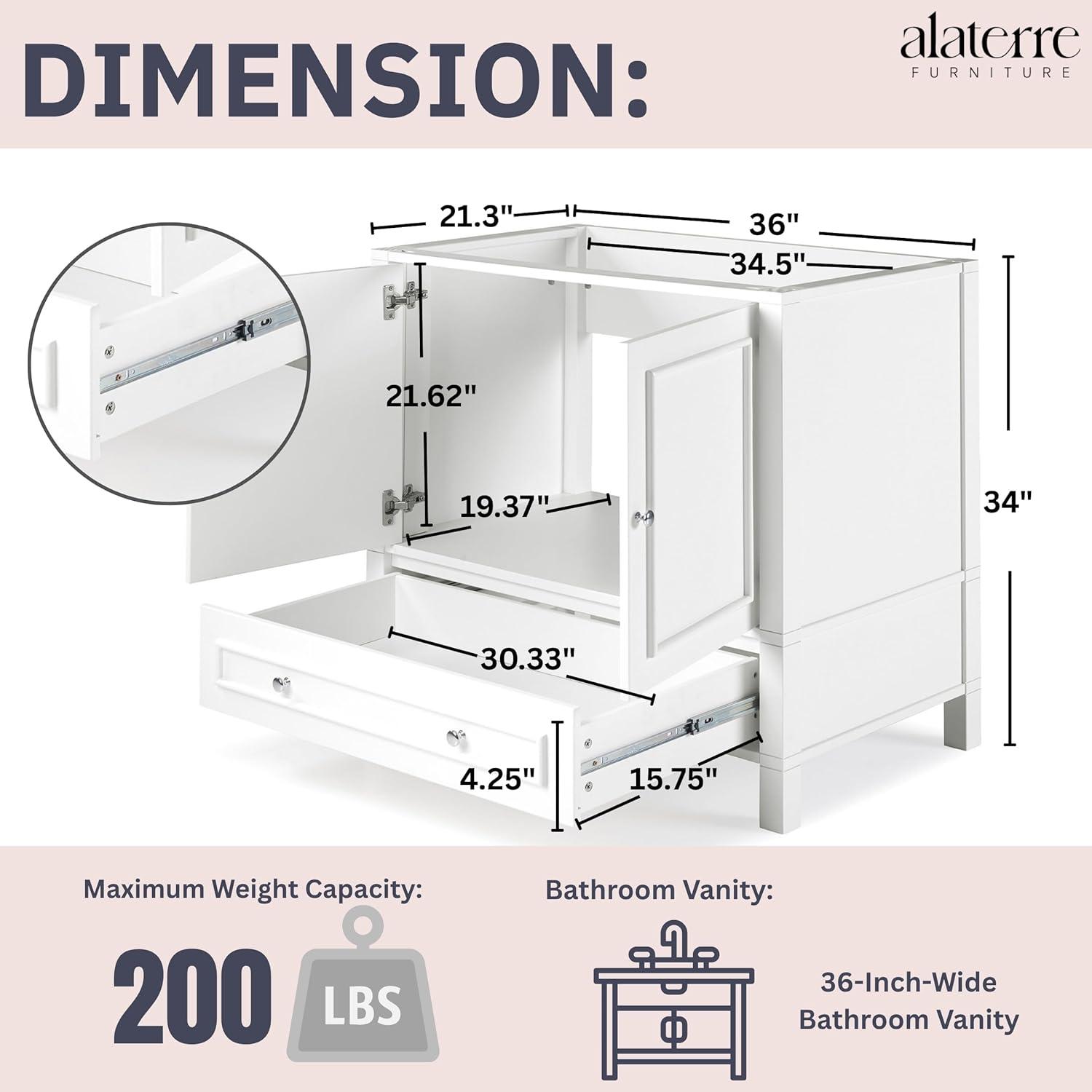 Williamsburg 36"W Transitional Style Vanity Cabinet With Soft Close Doors And Drawers