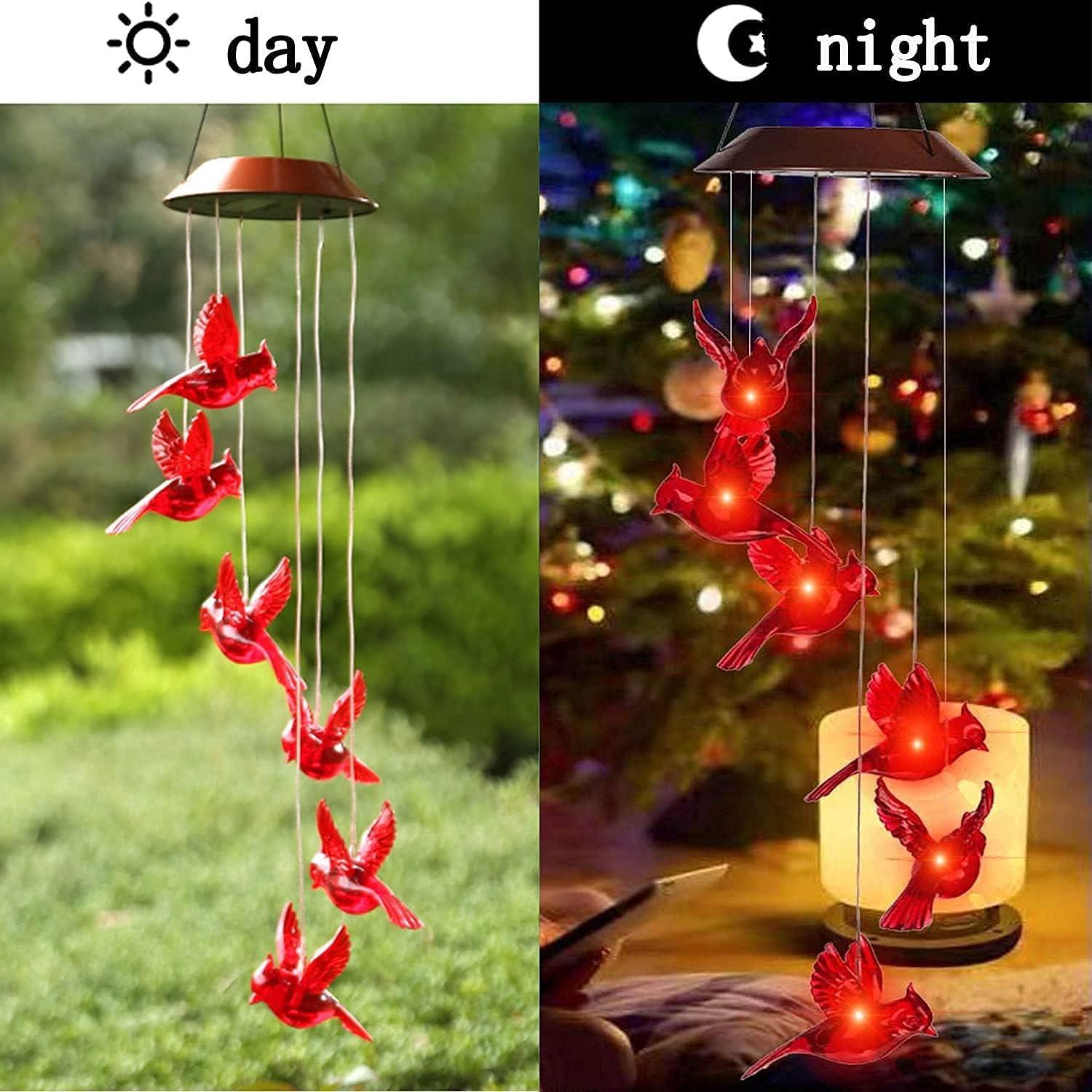 Solar-Powered Red Bird Wind Chimes with LED Lights