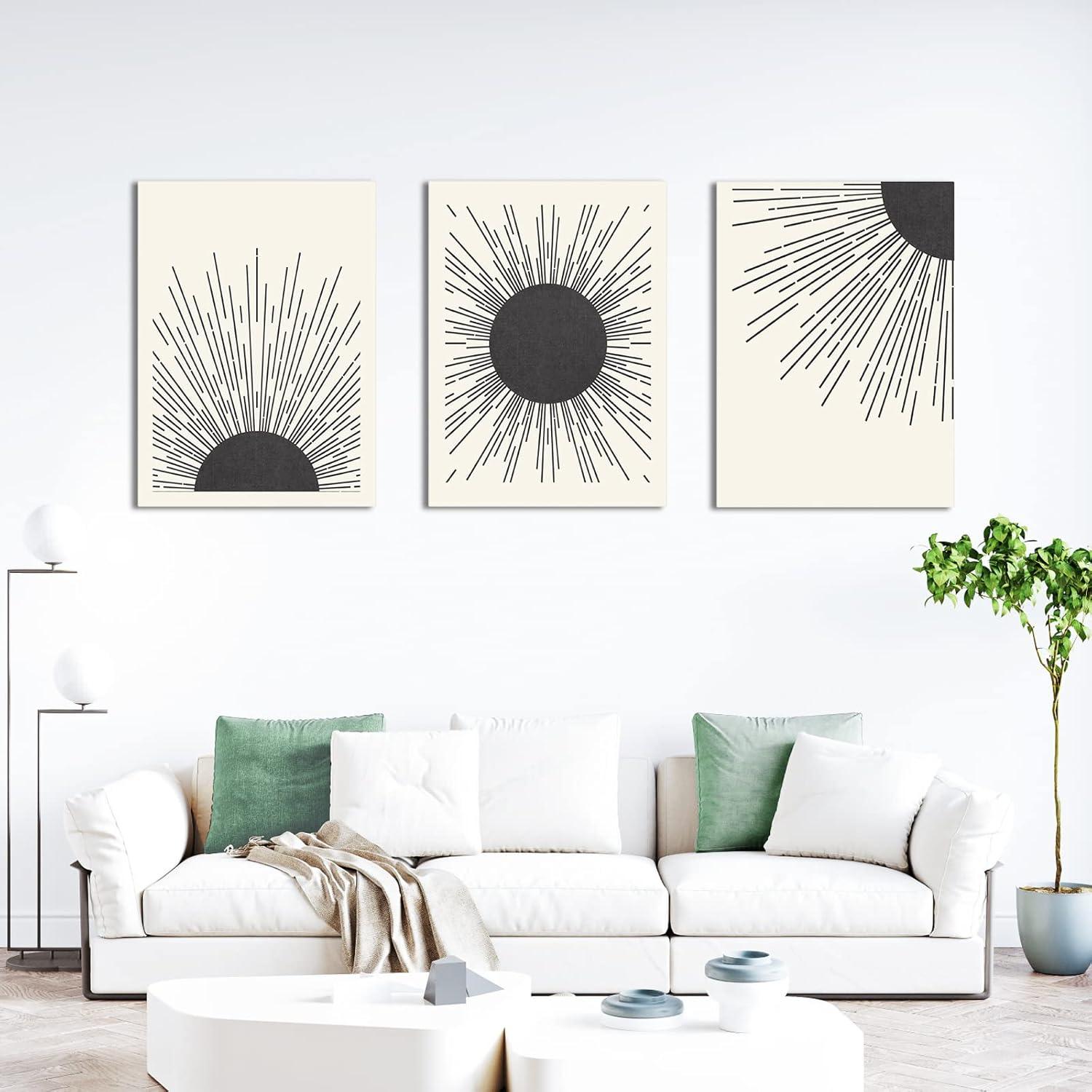 HAUS AND HUES Boho Art Print - Set of 3 Boho Pictures,Neutral Sun Wall Art, Large Boho Wall Art, Minimalistic Boho Artwork, Mid Century Modern Art, Celestial Geometric Print (12x16, UNFRAMED)