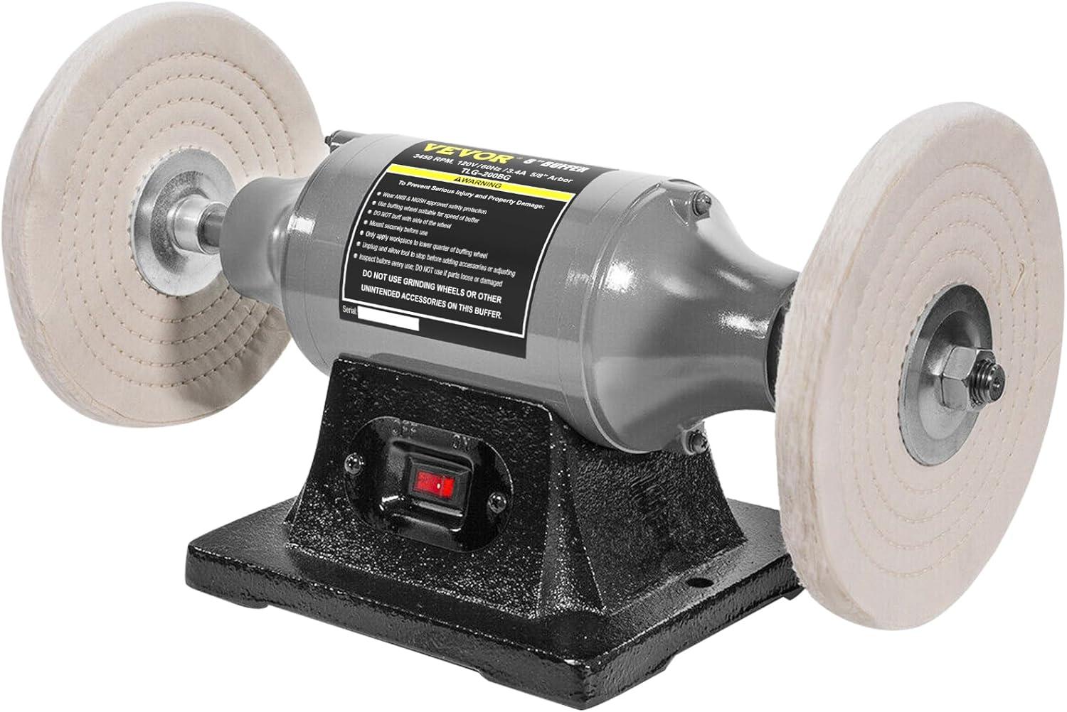VEVOR Bench Buffer Polisher, 1/2HP Polishing Buffing Machine, 0 to 8000RPM Benchtop Polisher Grinder with 4" Cloth Wheel, 3" Grinding Wheel & 3" Fiber Wheel for Metal, Jewelry, Wood and Plastic