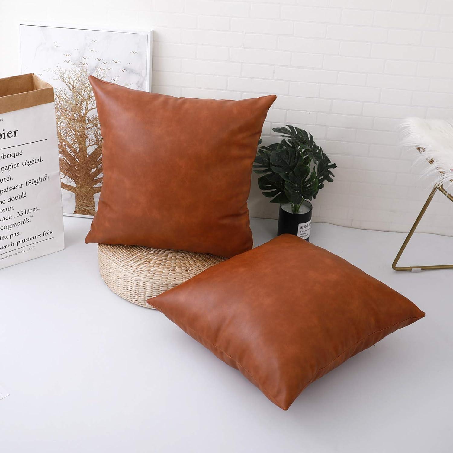 SEEKSEE Faux Leather Lumbar Pillow Cover 12x20 inch, Modern Country Style Decorative Lumbar Pillow for Bedroom Living Room Sofa Brown Accent Pillows.