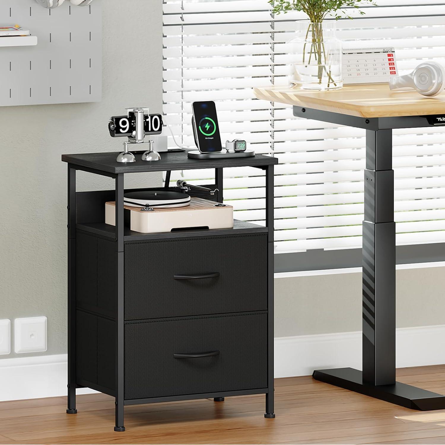 Eunos Black Dresser for Bedroom, 4 Drawer Nightstand with Charging Station, LED and Open Shelf