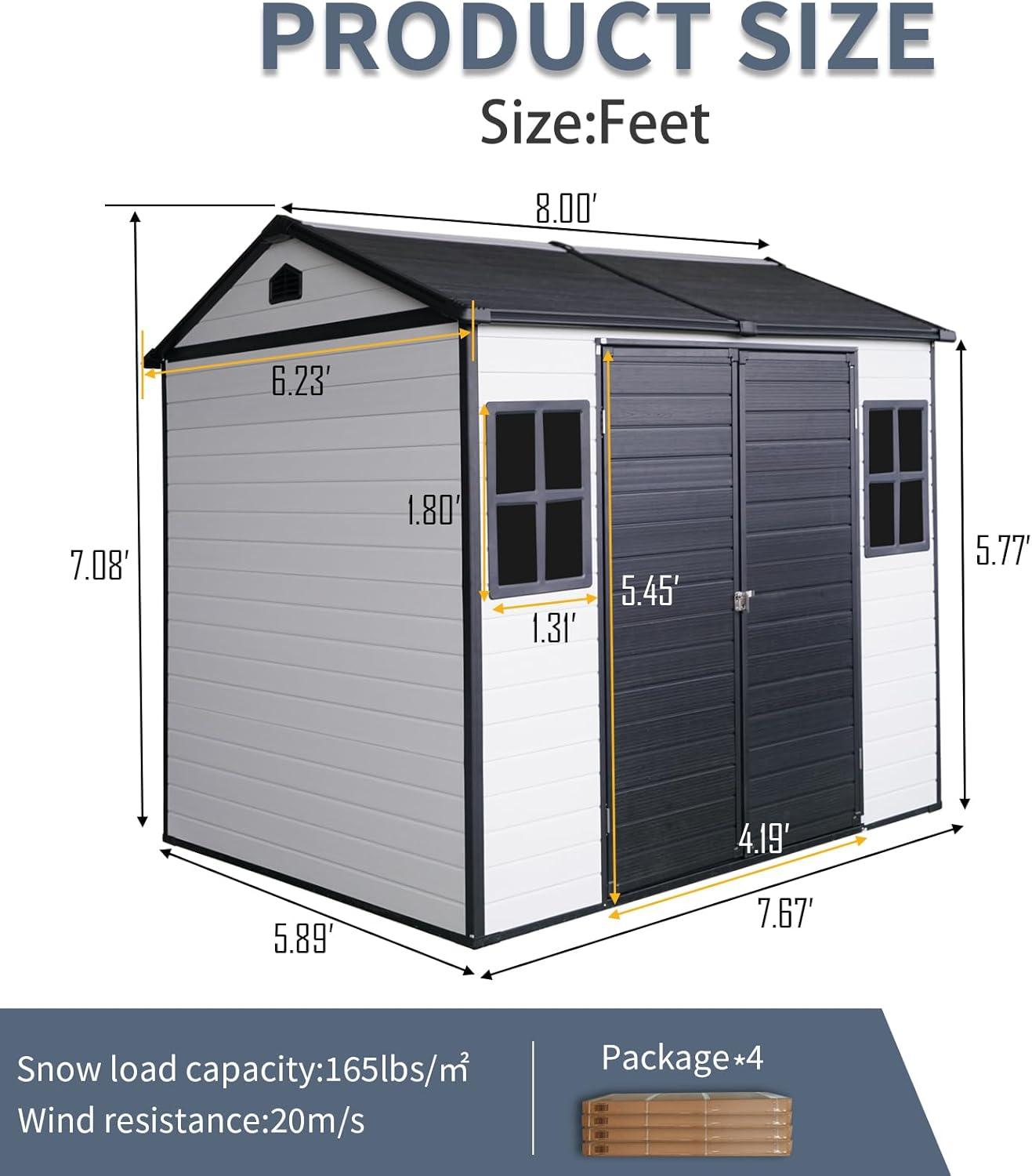 Tryimagine 8 X 6 Ft Resin Outdoor Storage Shed Waterproof Shed With Floor & Two Windows & Lockable Door, Tool Shed For Garden, Patio, Backyard