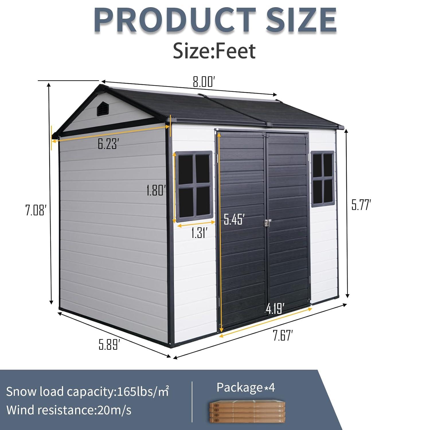 Tryimagine 8 X 6 Ft Resin Outdoor Storage Shed Waterproof Shed With Floor & Two Windows & Lockable Door, Tool Shed For Garden, Patio, Backyard