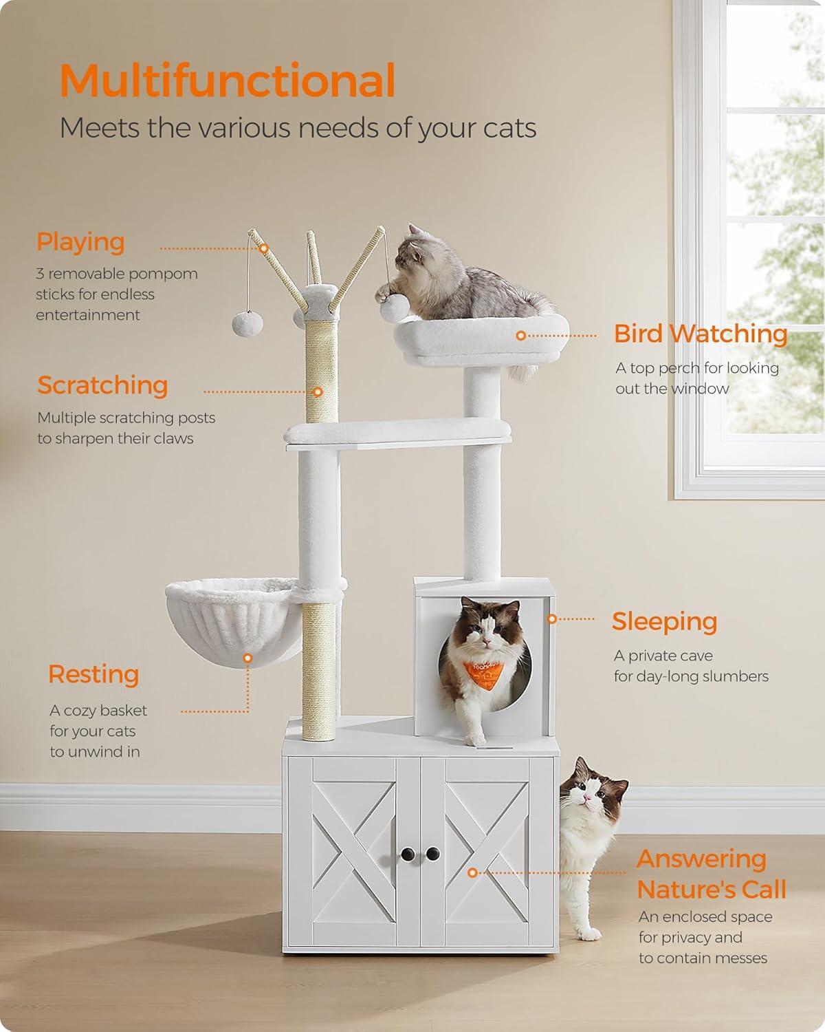 Feandrea Cat Tree with Litter Box Enclosure, 2-in-1 Modern Cat Tower, 55.1-Inch Cat Condo with Scratching Posts, Removable Pompom Sticks, Greige UPCT113G01