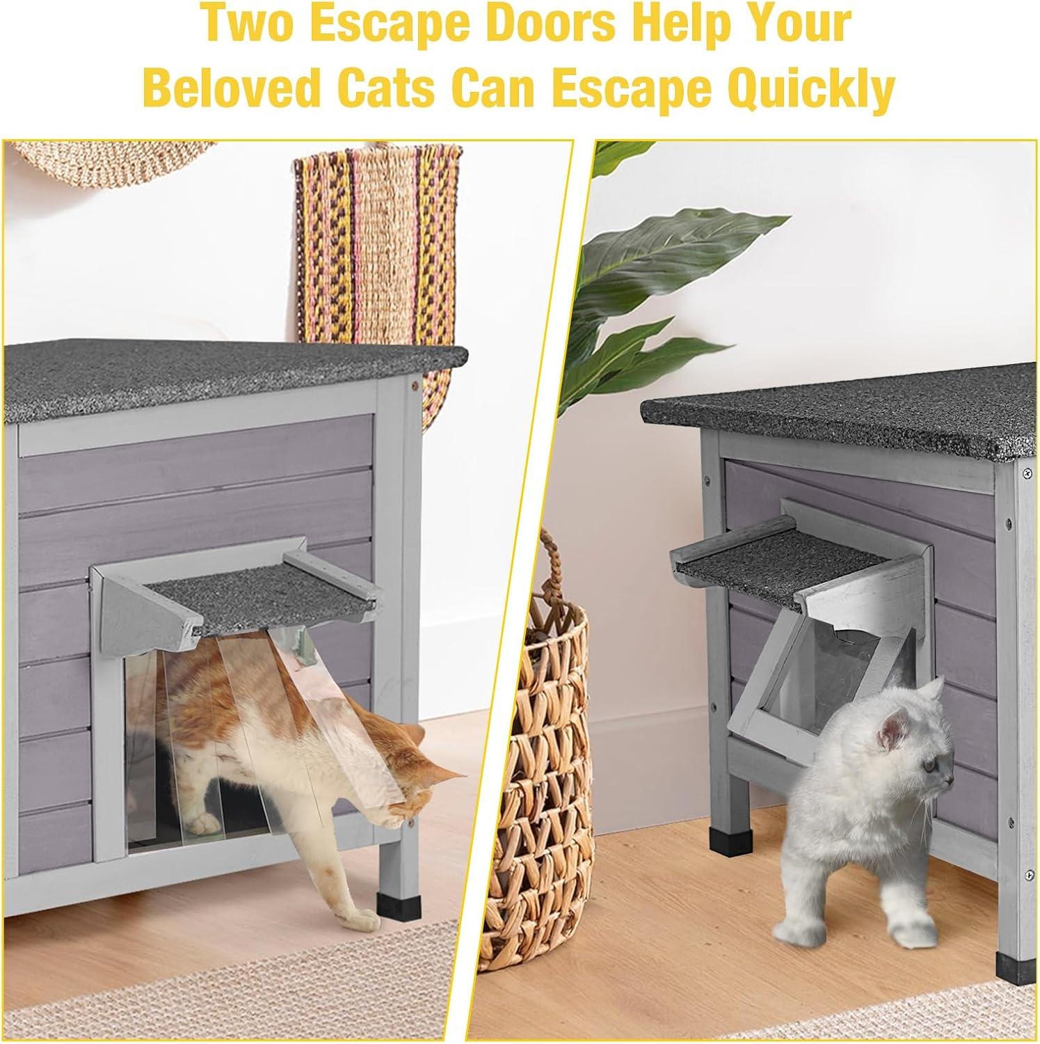 Gray and White Wooden Double Room Outdoor Cat House