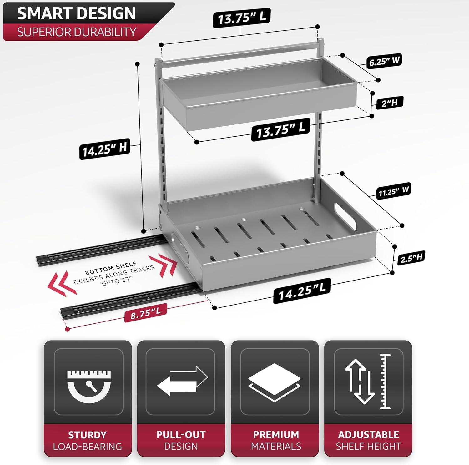 Sorbus Sorbus Under Sink Organizer with Sliding Tracks and Adhesive Tape - 2-Tier Pull-Out Storage Rack for Kitchen and Bathroom - No Drill Under Sink Organization Storage Cabinet Shelf, Set of 2