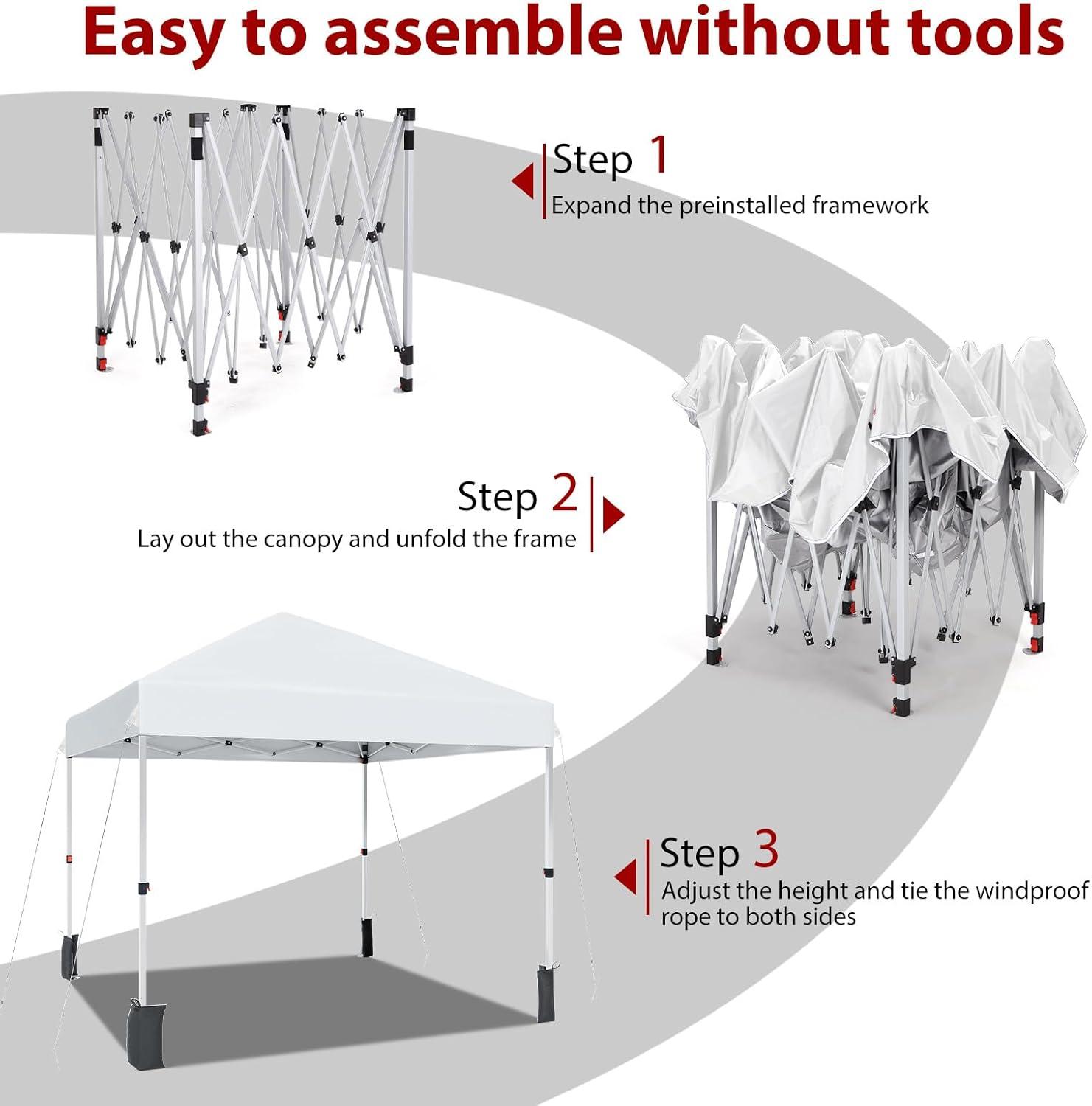 8x8FT White Pop Up Canopy Tent with Wheeled Bag and Sandbags