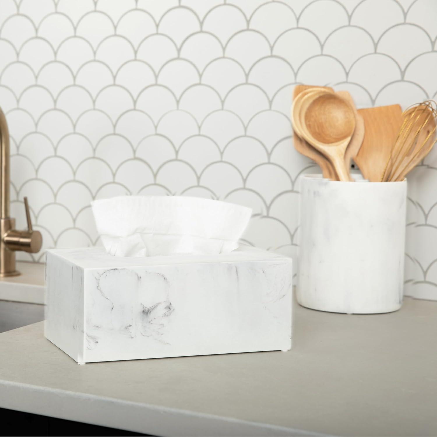 Essentra Home Rectangular Tissue Box Cover, White Marble Heavy Facial Tissue Holder – Blanc Collection