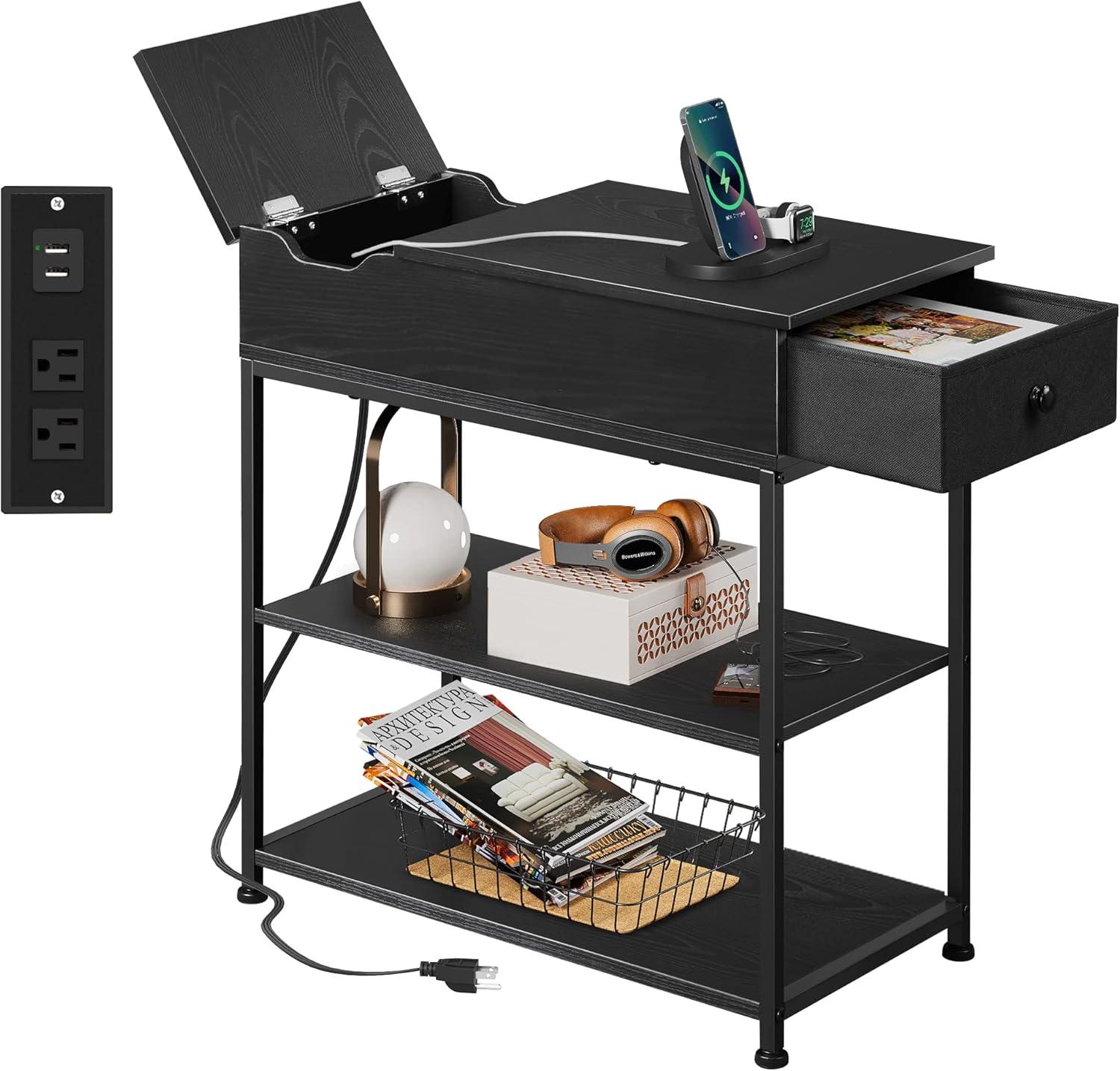 Black Wood Narrow Side Table with Storage and USB Ports