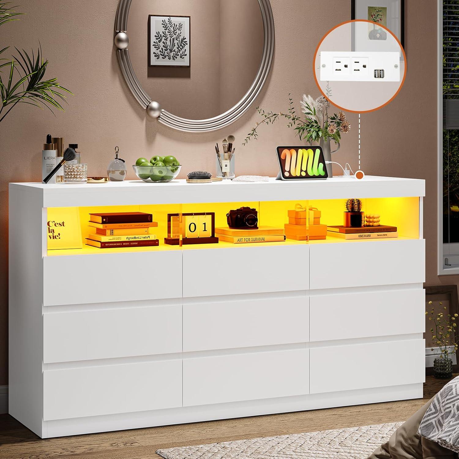 Modern White Double Dresser with LED Lights and Charging Station