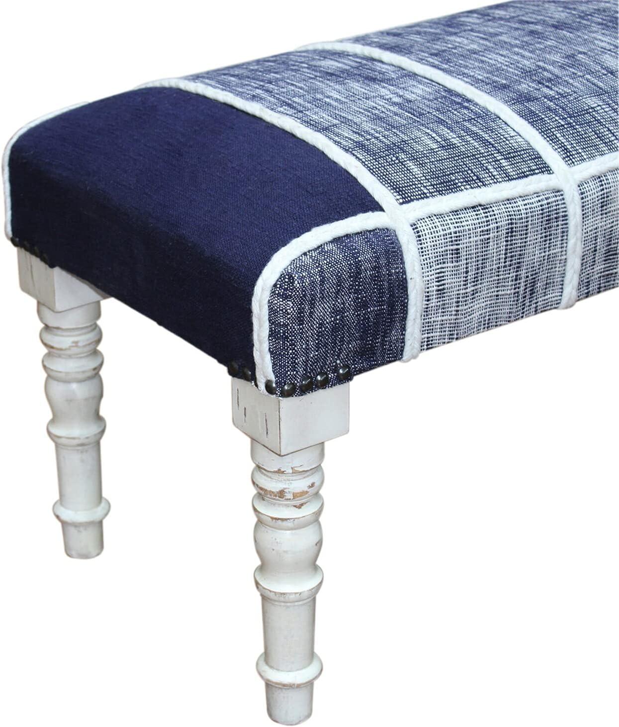 LR Home Farmhouse Cotton Upholstered Indoor Accent Bench, Blue