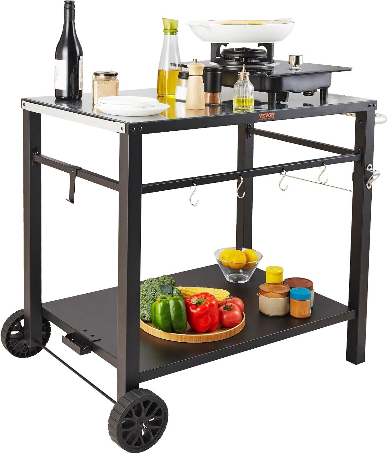 Outdoor Grill Dining Cart with Double-Shelf, BBQ Movable Food Prep Table, Multifunctional Iron Table Top, Portable Modular Carts for Pizza Oven, Worktable with 2 Wheels, Carry Handle, Black