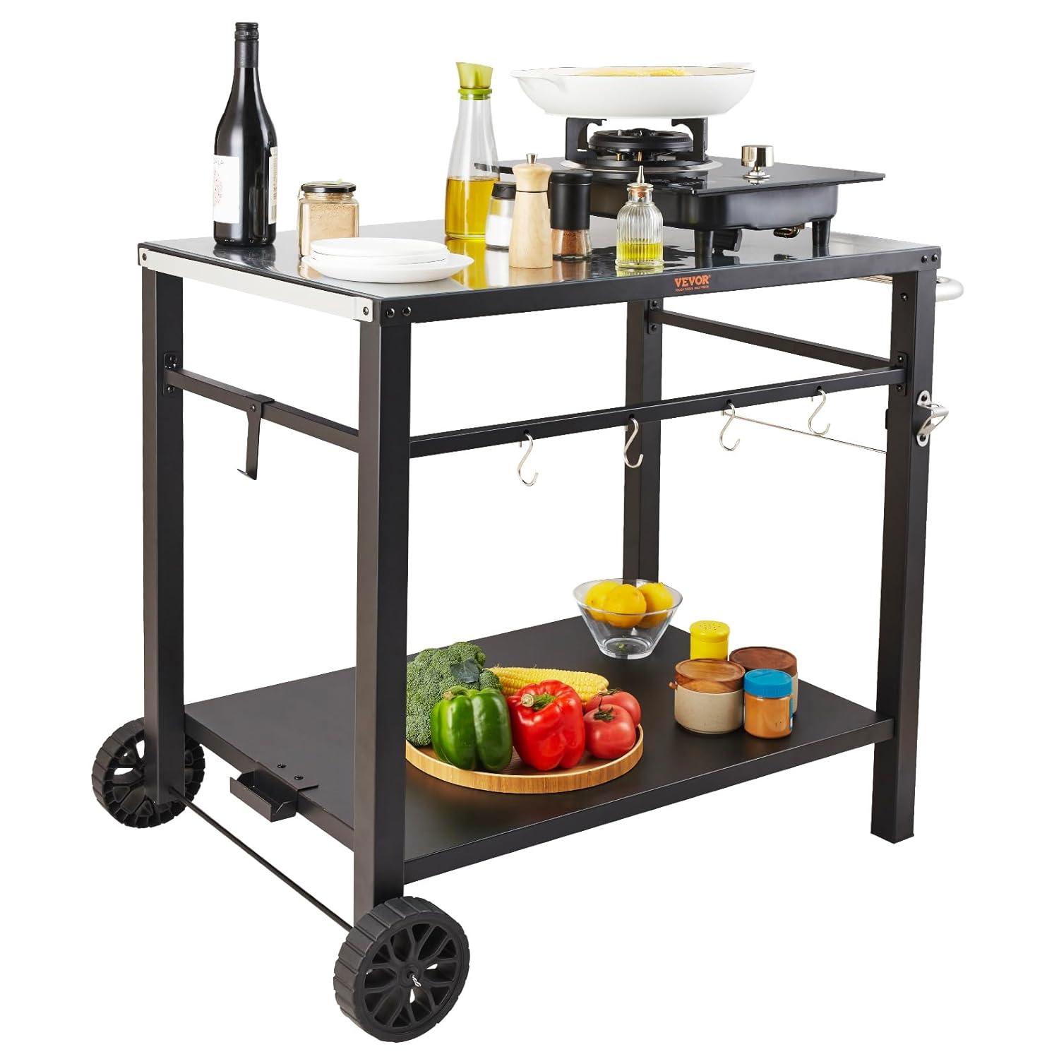 VEVOR Outdoor Grill Dining Cart with Double-Shelf, BBQ Movable Food Prep Table, Multifunctional Foldable Iron Table Top, Portable Modular Carts
