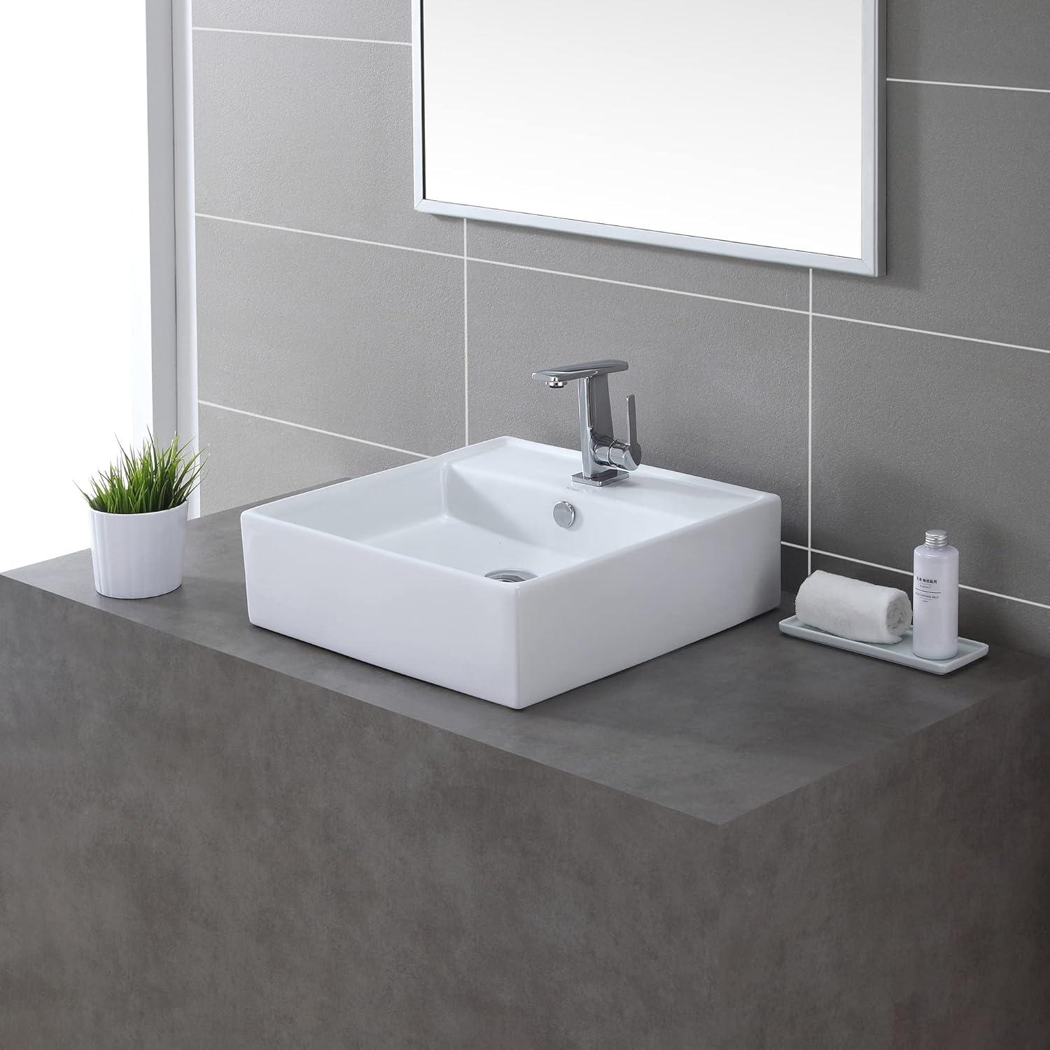 Sleek Square Ceramic Vessel Bathroom Sink with Overflow, 18.5"