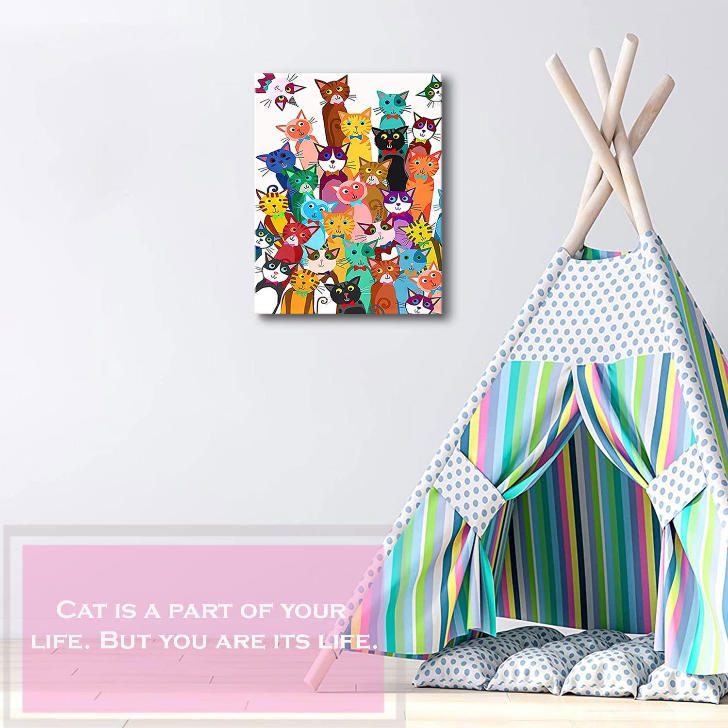 Framed Funny Colorful Cat Wall Art Cartoon Cat Canvas Print Cute Kitten Picture Poster Animals Painting Wall Decor for Bathroom Kid's Bedroom Nursery 12x16Inches