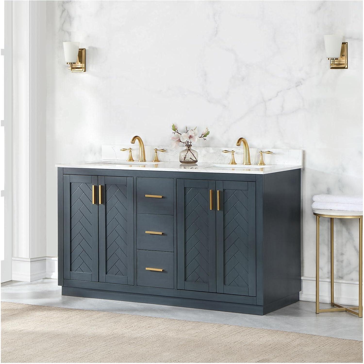 Gazsi 60" Double Bathroom Vanity Set in Charcoal Blue with Grain White Composite Stone Countertop without Mirror