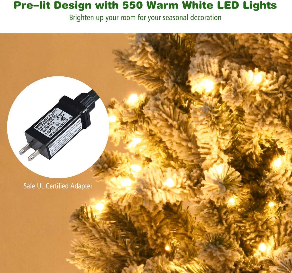 9-Foot White Flocked Pine Christmas Tree with Warm LED Lights