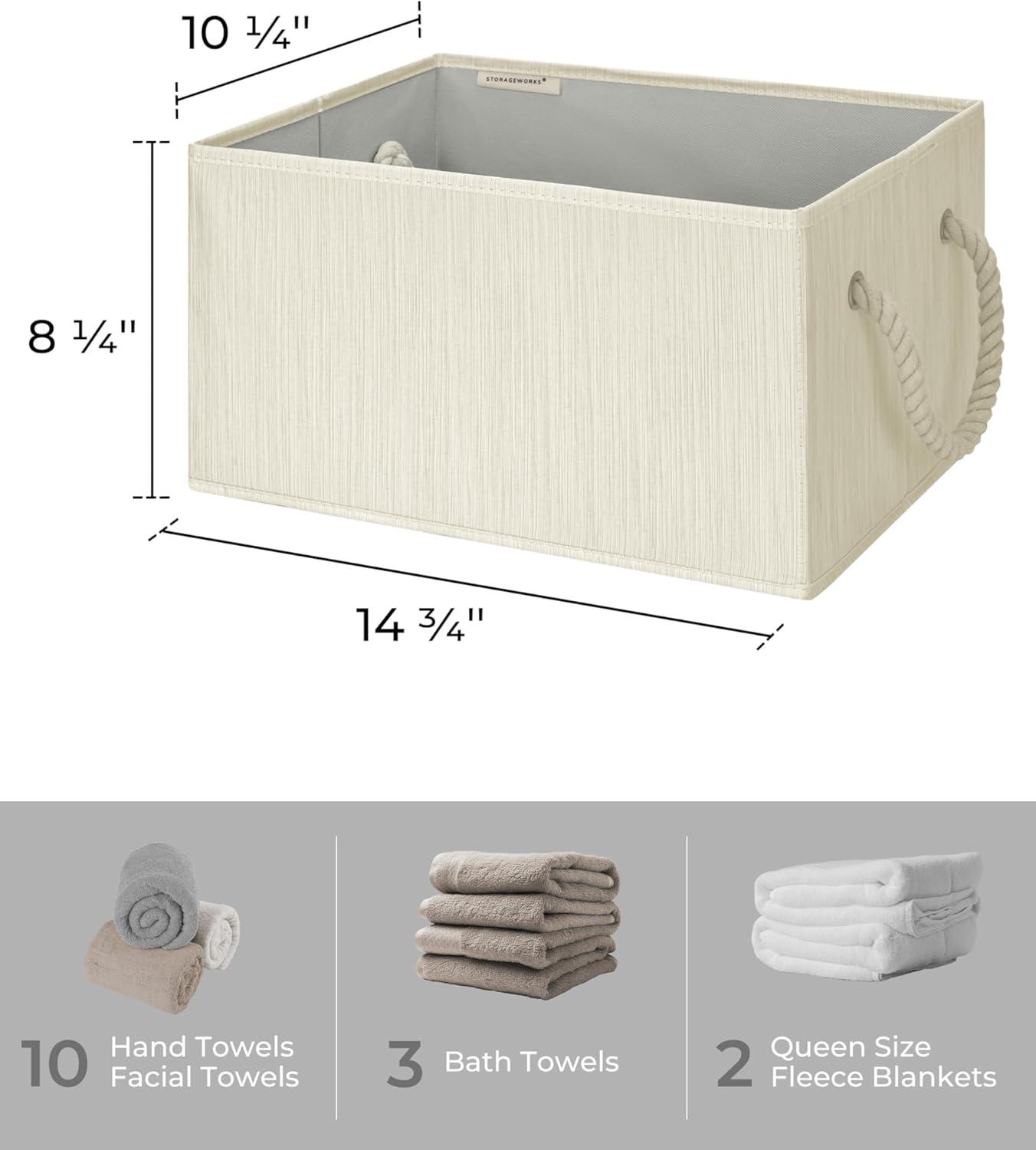 Beige and White Fabric Storage Baskets with Rope Handles, 3-Pack