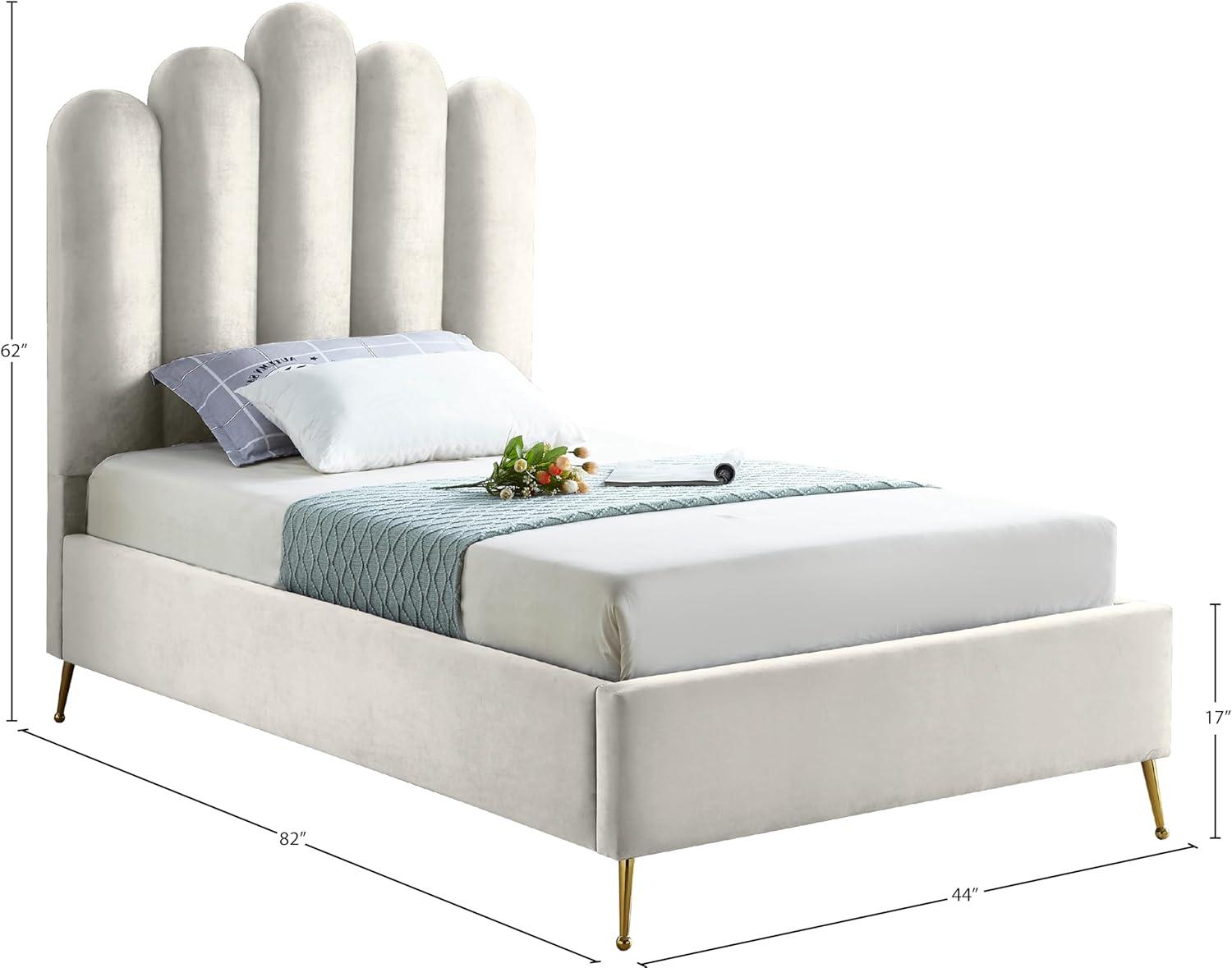 Meridian Furniture Lily Solid Wood and Tufted Velvet Twin Bed in Cream