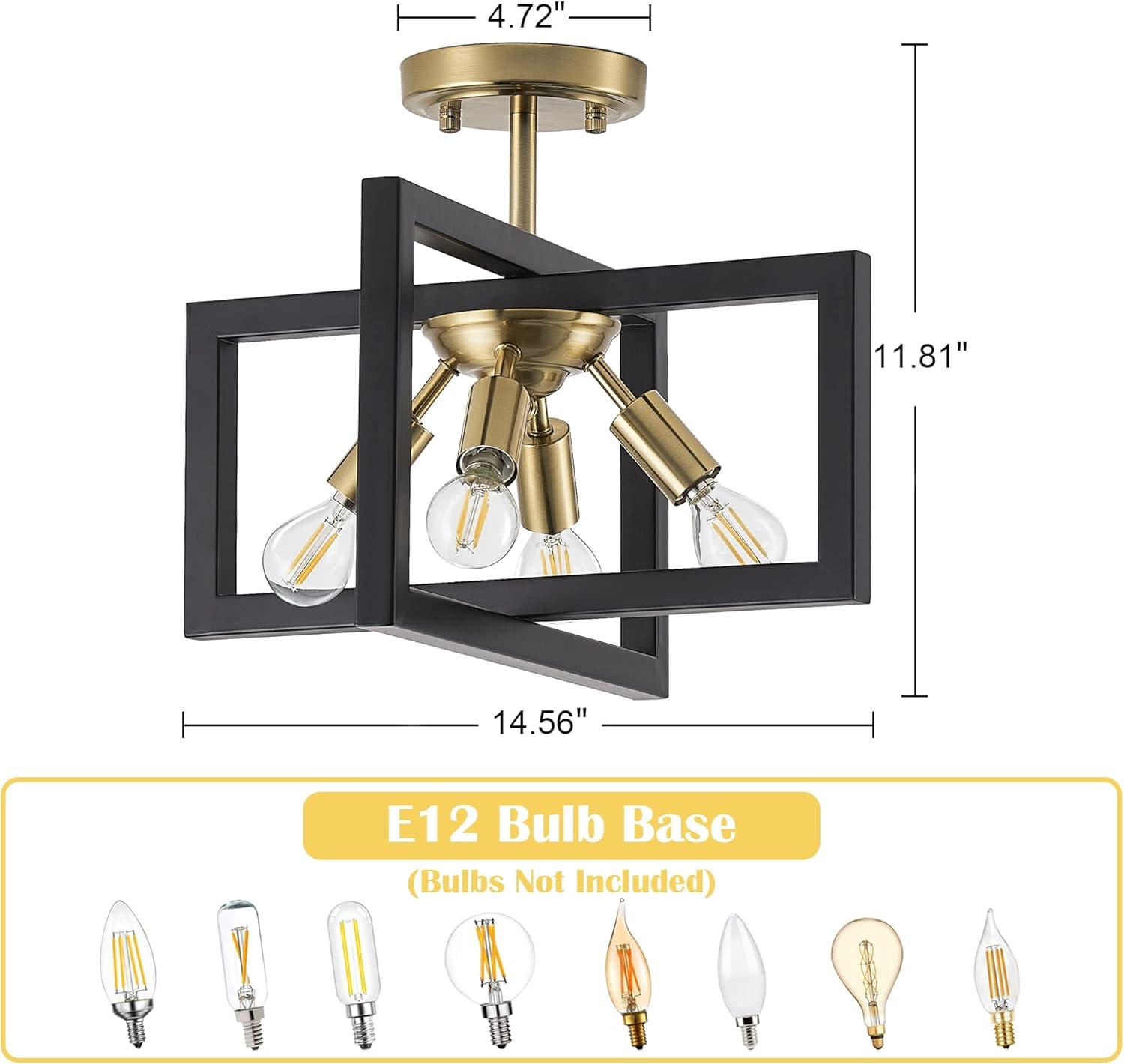 Modern Industrial Semi Flush Mount Ceiling Lighting, Farmhouse Black Gold Close to Ceiling Light Fixture, 4-Light Metal Square Ceiling Light