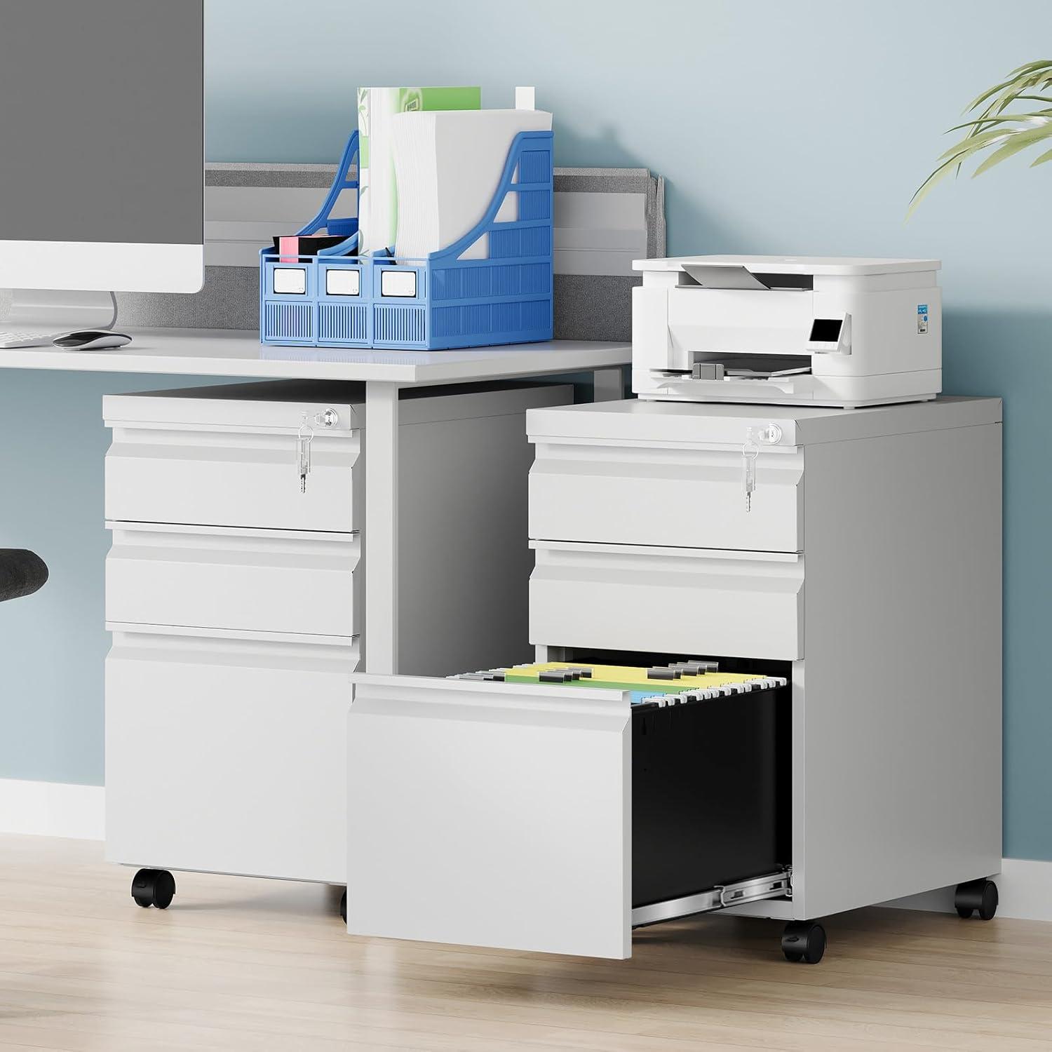 3 Drawer Mobile File Cabinet with Lock, Rolling File Cabinets for Home Office, Under Desk Small File Caninet on wheels, Metal Vertical White Filing Cabnet for Legal/Letter/A4 - Assembly Required