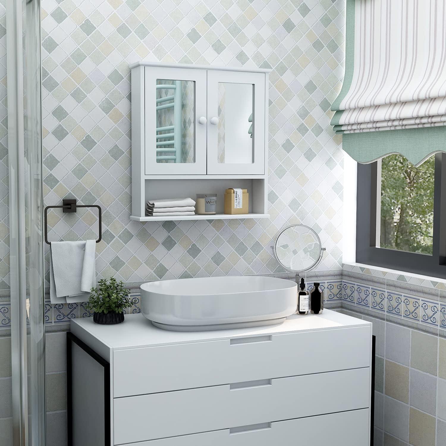 Medicine Cabinet, Medicine Cabinets For Bathroom With Mirror 2 Doors 3 Open Shelf, Bathroom Cabinet Wall Mounted Wooden Storage Over Toilet Laundry Room Kitchen