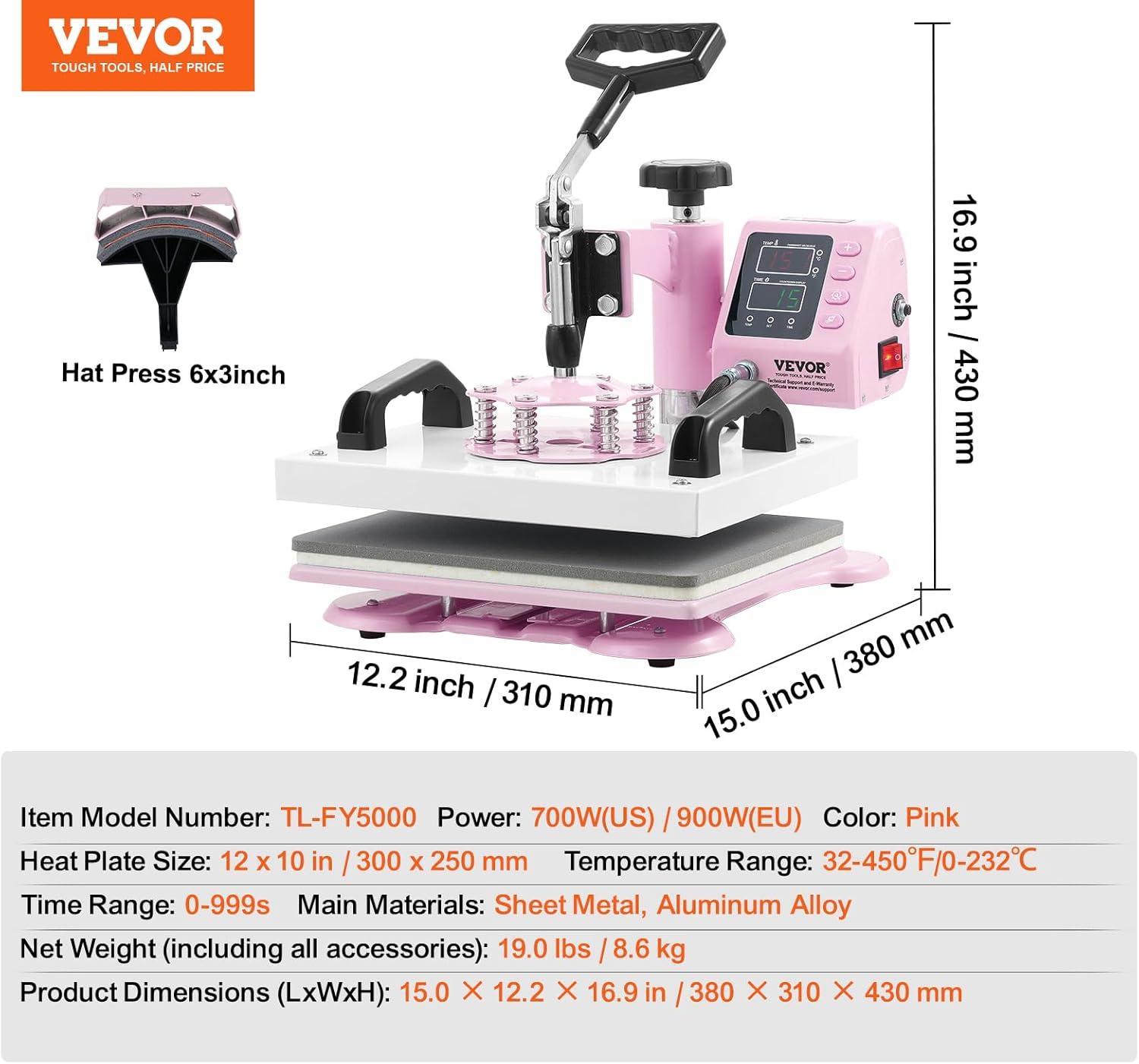 VEVOR Heat Press Machine 15x15 inch, Heat Press Machine for T-Shirts, 5 in 1 Heat Press with 30 OZ Tumbler Press, Combo Tumbler Heat Press Machine Sublimation for Hat Cap Mug Plate, Pink