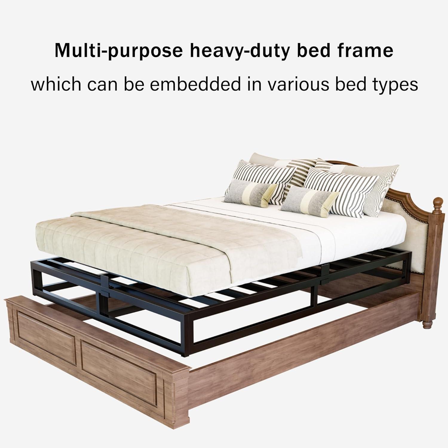 10 Inch Queen Bed Frame with Steel Slat Support, Low Profile Queen Metal Platform Bed Frame Support Mattress Foundation, No Box Spring Needed / Easy Assembly / Noise Free