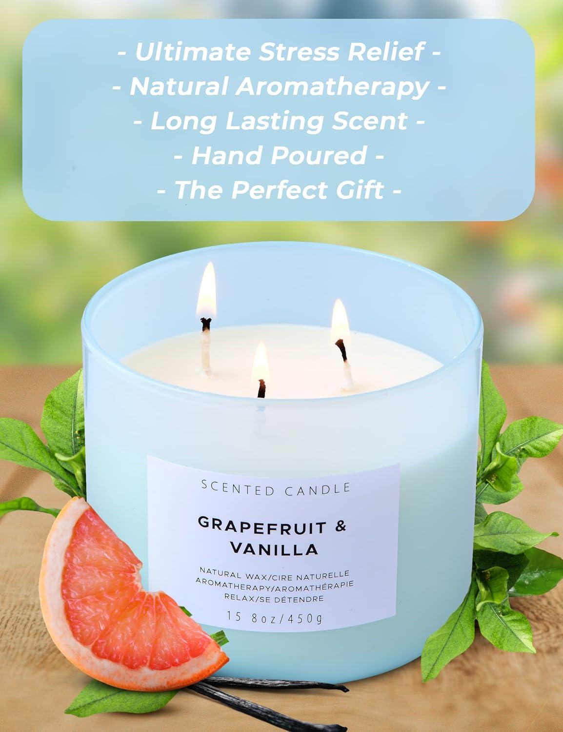 Grapefruit Vanilla Aromatherapy Candle 3 Wick Large Soy Scented Candles for Men and Women 15.8 Oz