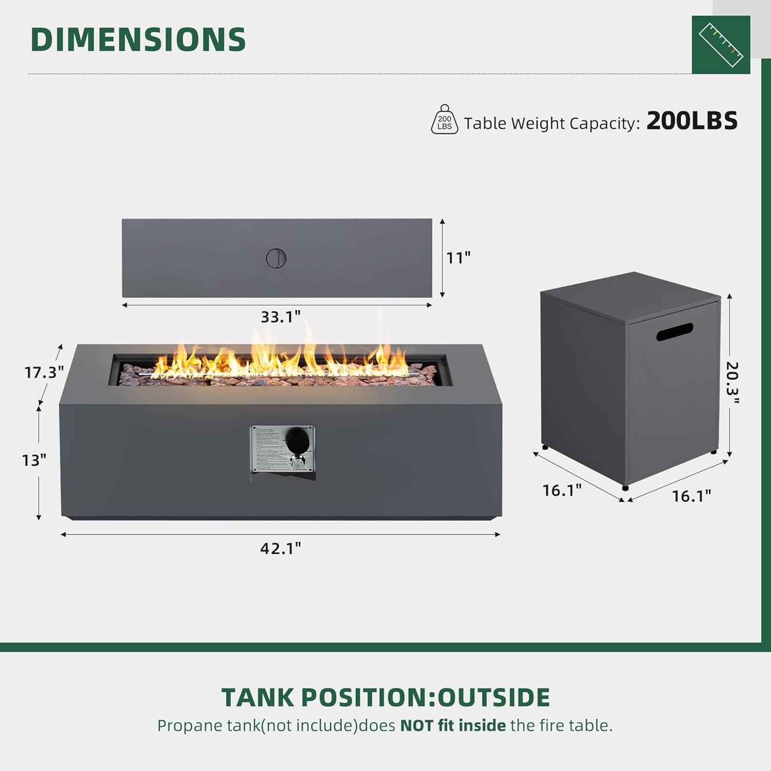 UPHA 42-inch Outdoor Propane Rectangle Fire Pit Table 50000 BTU Iron Gas FirePit for Outside Patio with Tank Cover, Removable Lid, Lava Rocks, Rain Cover, Grey