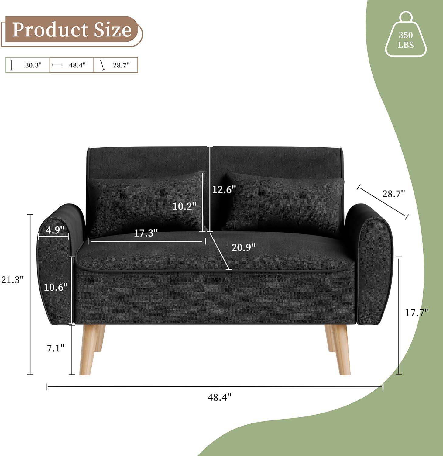 47" Black Tufted Linen Loveseat with Wood Legs