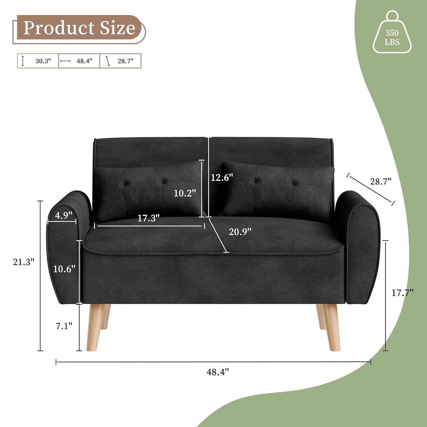 47" Black Tufted Linen Loveseat with Wood Legs