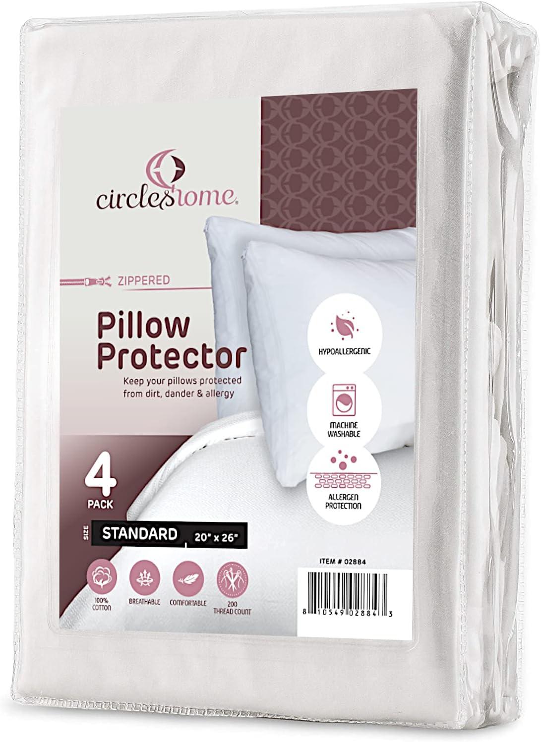 Circles Home 100% Cotton Breathable Pillow Protector with Zipper (4 Pack)