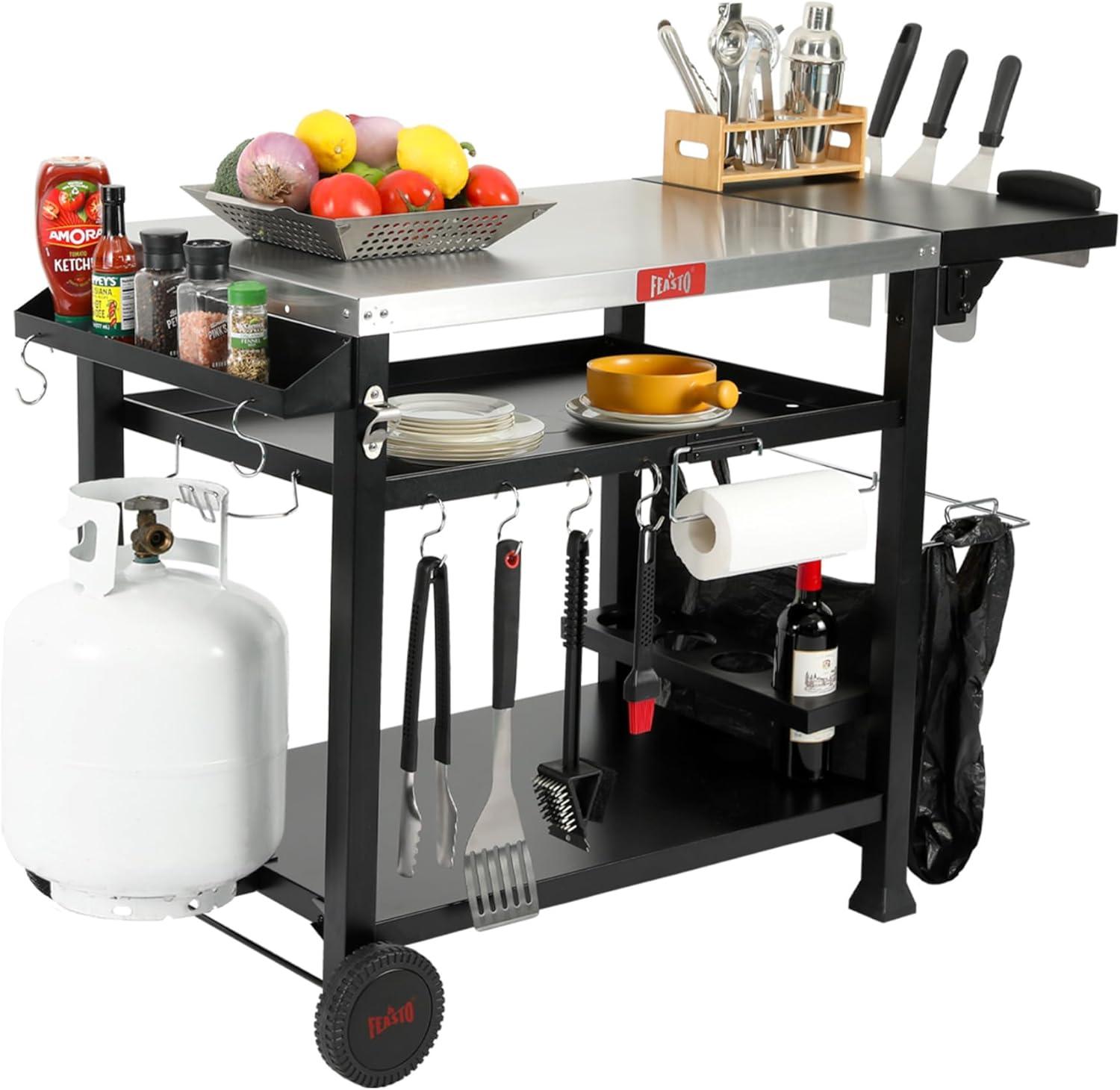 50 in. Three-Shelf Stainless Outdoor Movable Food Prep Grill Cart Table with Fordable Side Table