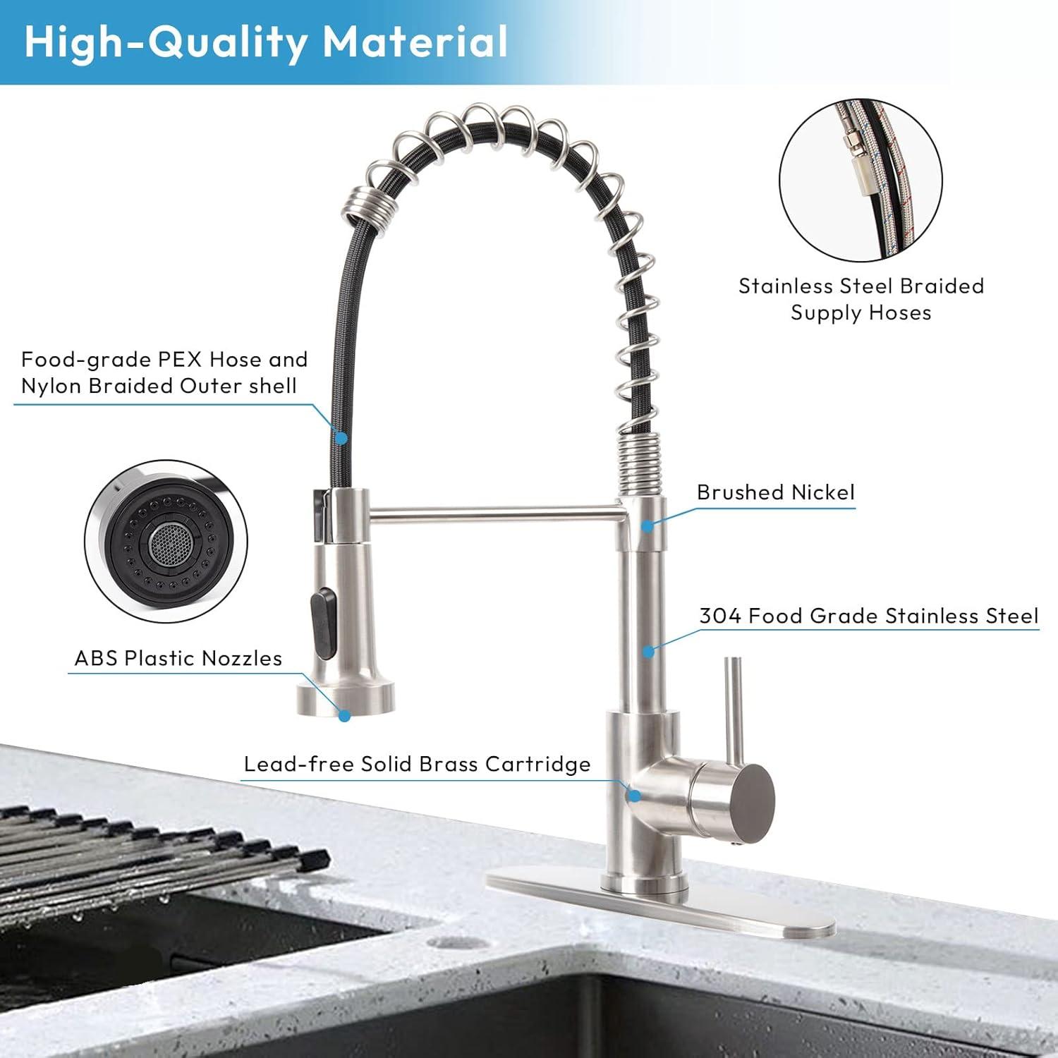 Besdor Kitchen Faucet with Pull Down Sprayer, Spring Single Handle Faucet for Kitchen Sink, Two Function Sprayer, 360-degree Rotation, with Deck Plate, 304 Food Grade Stainless Steel, Brushed Nickel